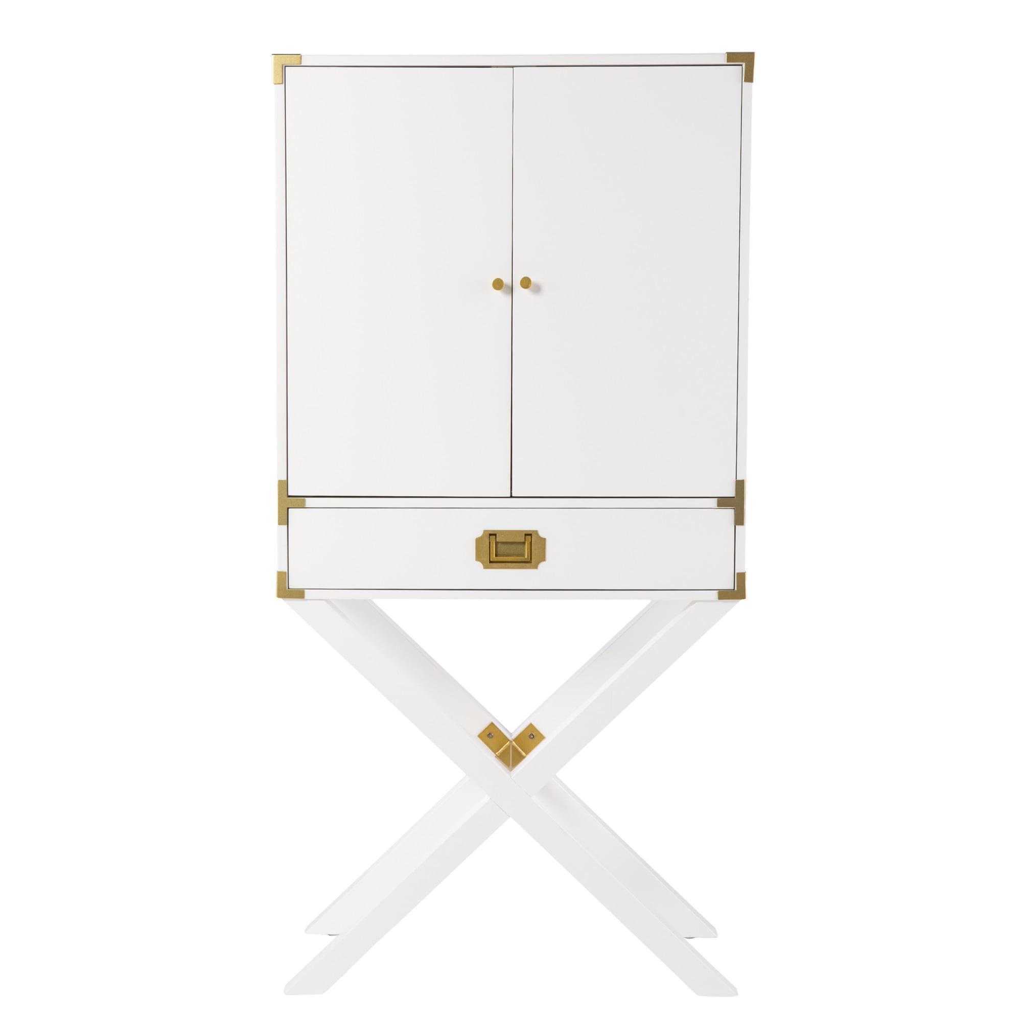 Chic White and Gold Tall Bar Cabinet with Mirrored Interior