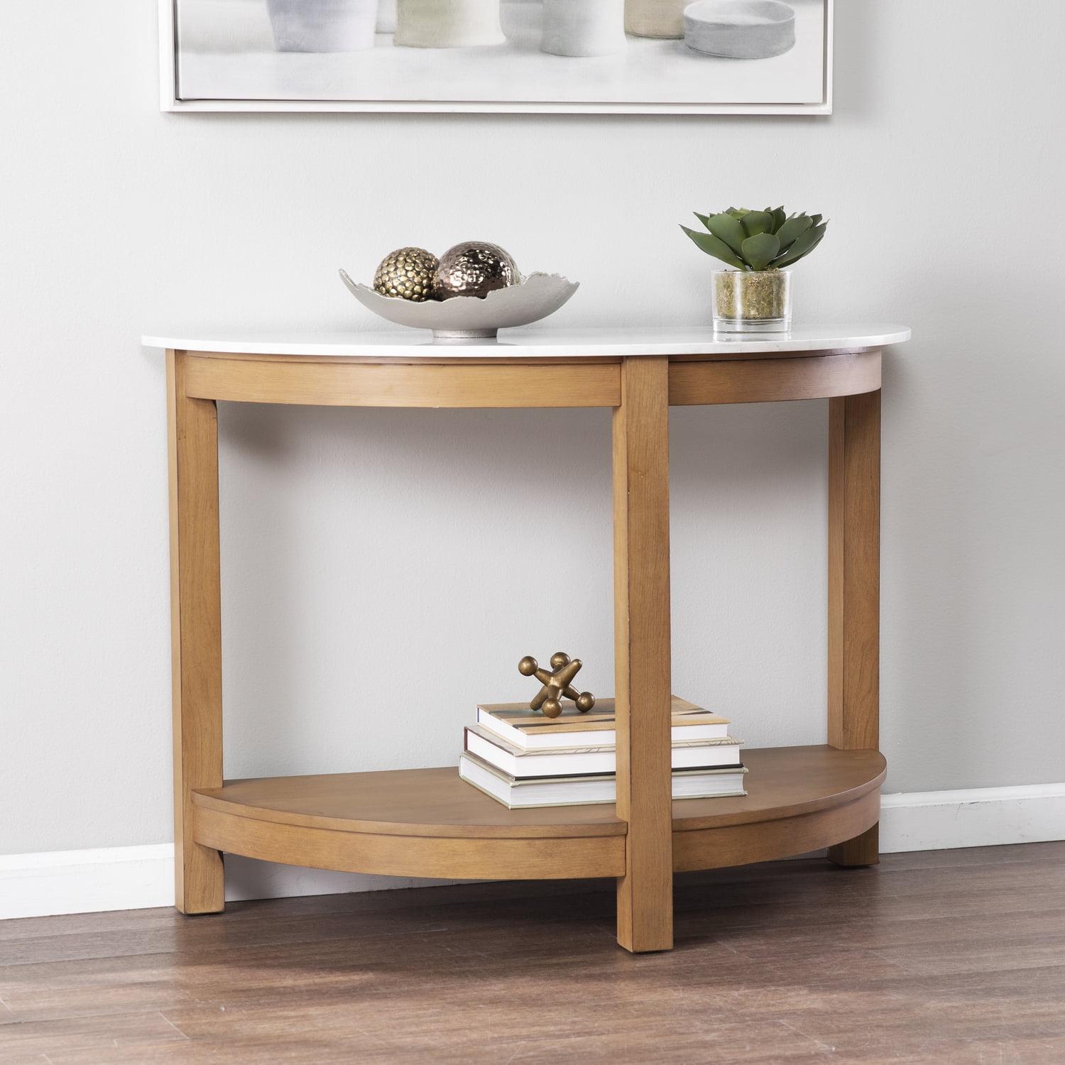 White and Natural Faux Marble Demilune Console Table with Storage