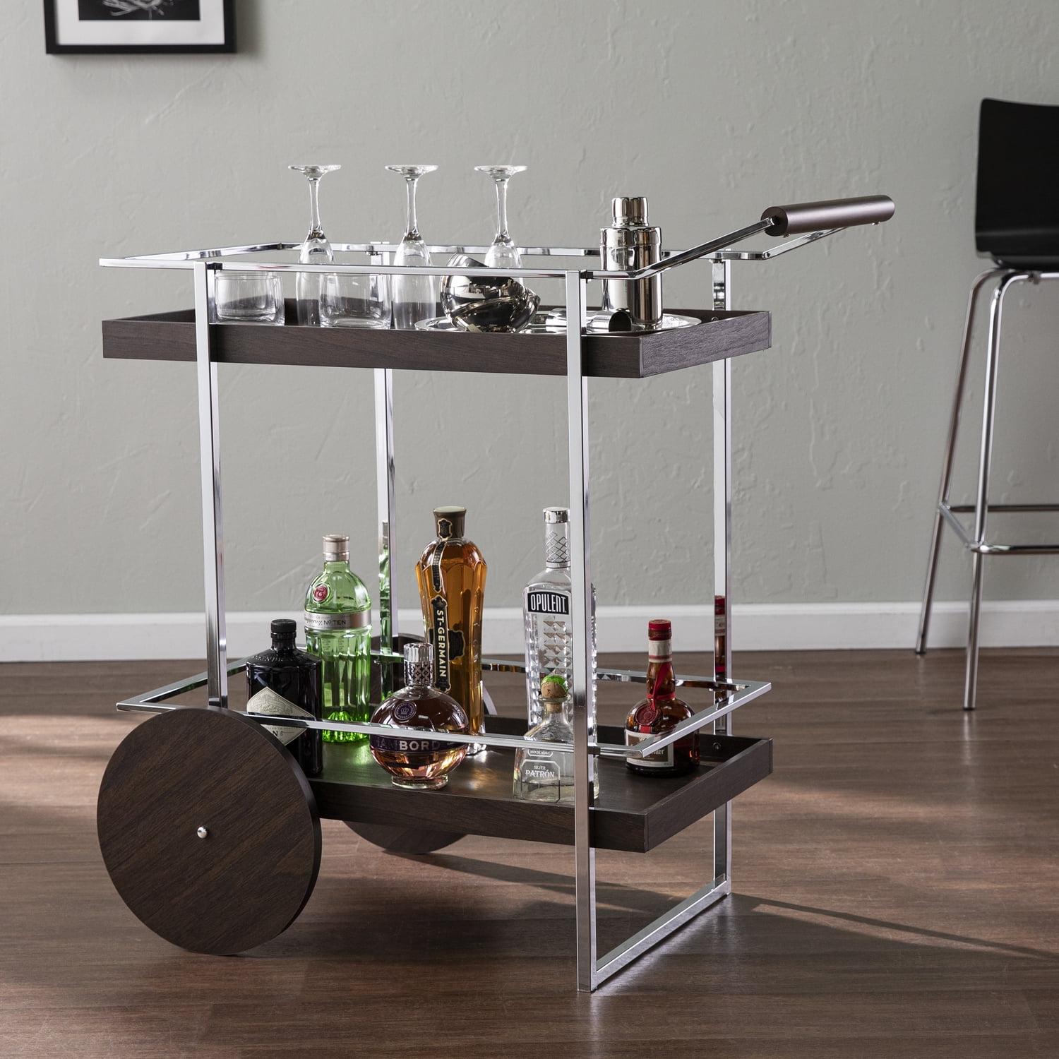 Dark Brown and Chrome Rolling Bar Cart with Storage