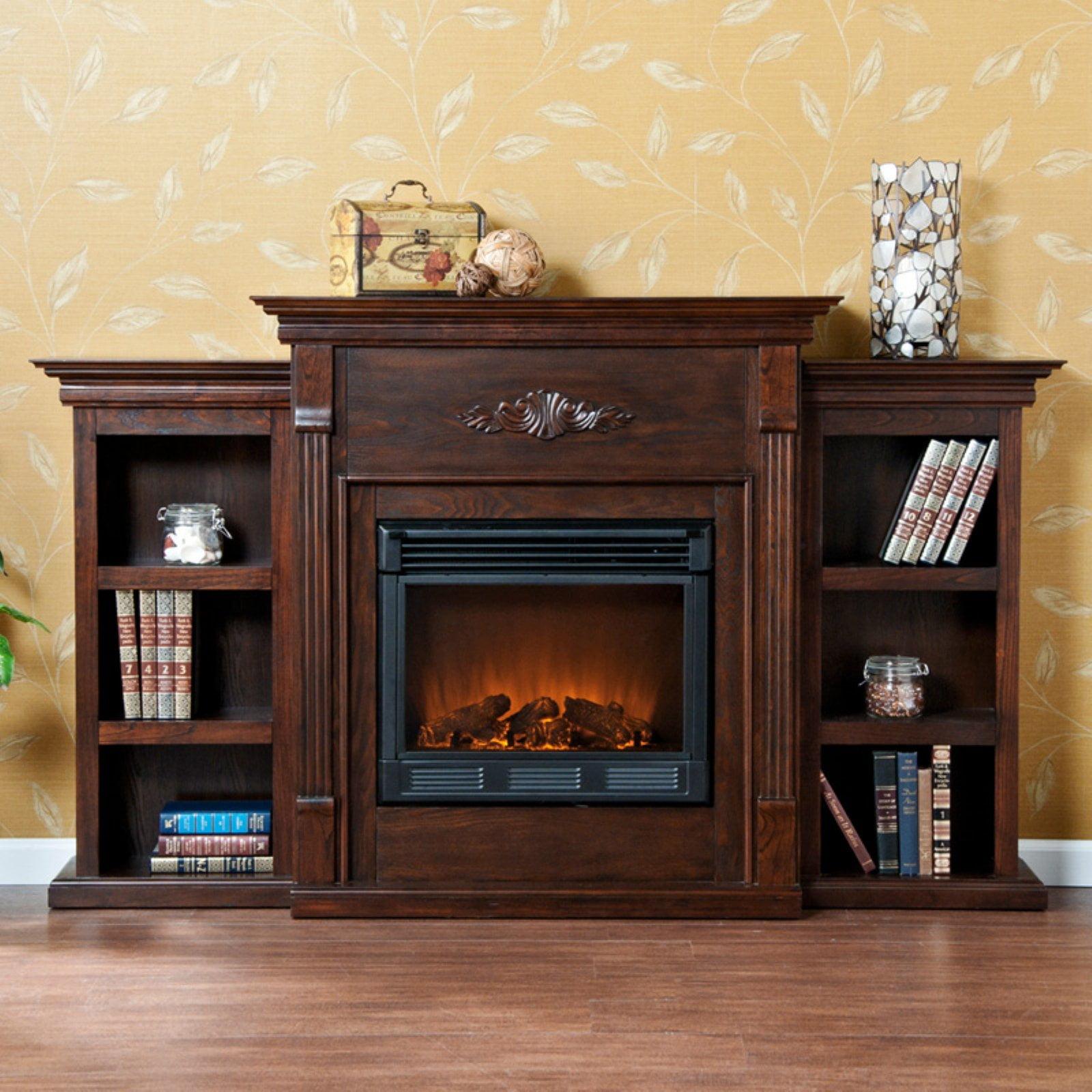 Espresso Electric Fireplace with Bookcases and Carved Floral Design