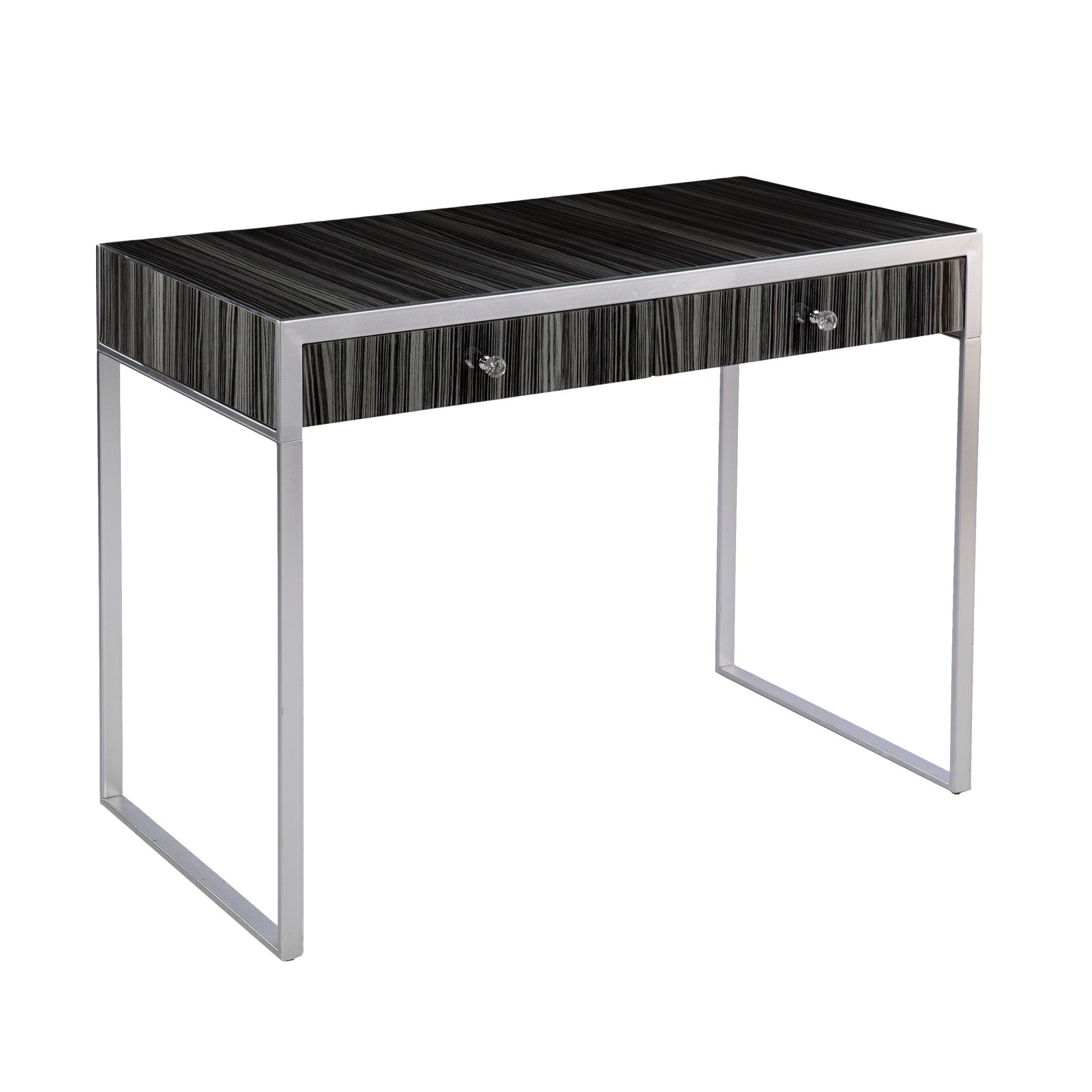 Black and Silver Glass-Top Writing Desk with Drawers