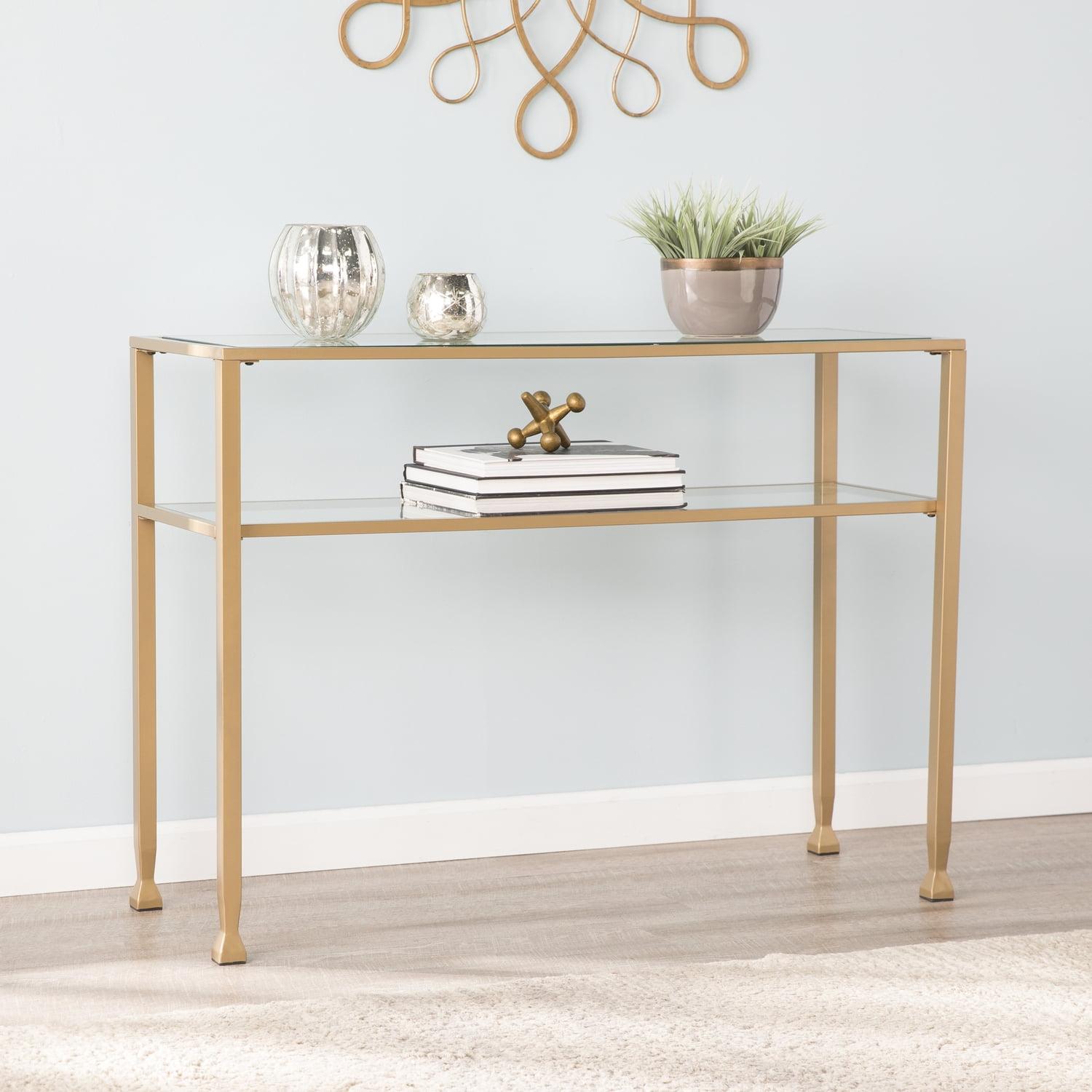 Jaymes Soft Gold Metal and Glass Console Table with Storage