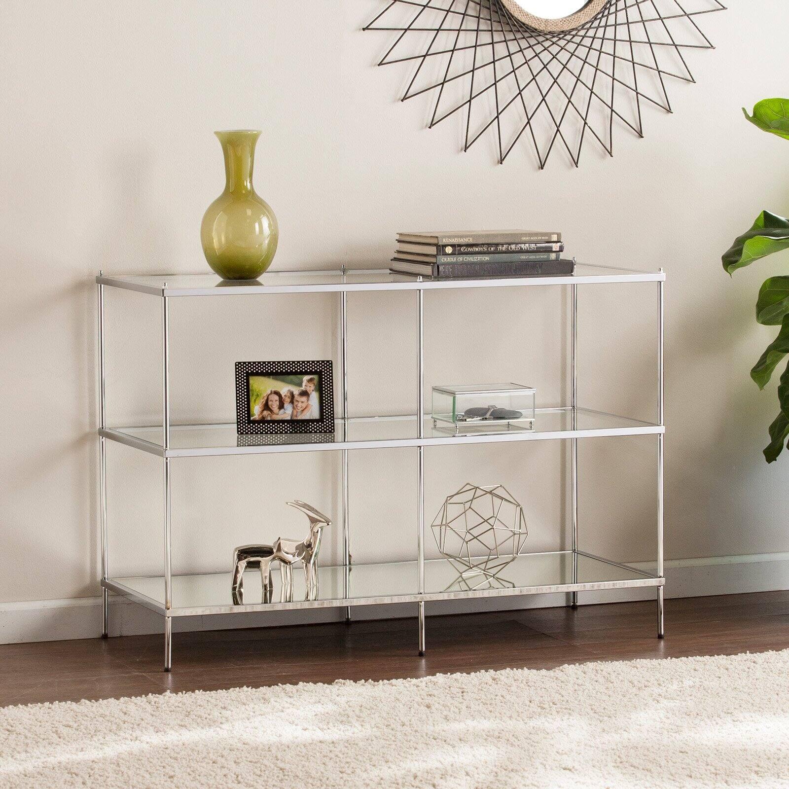 Chrome and Glass Mirrored Console Table with Storage