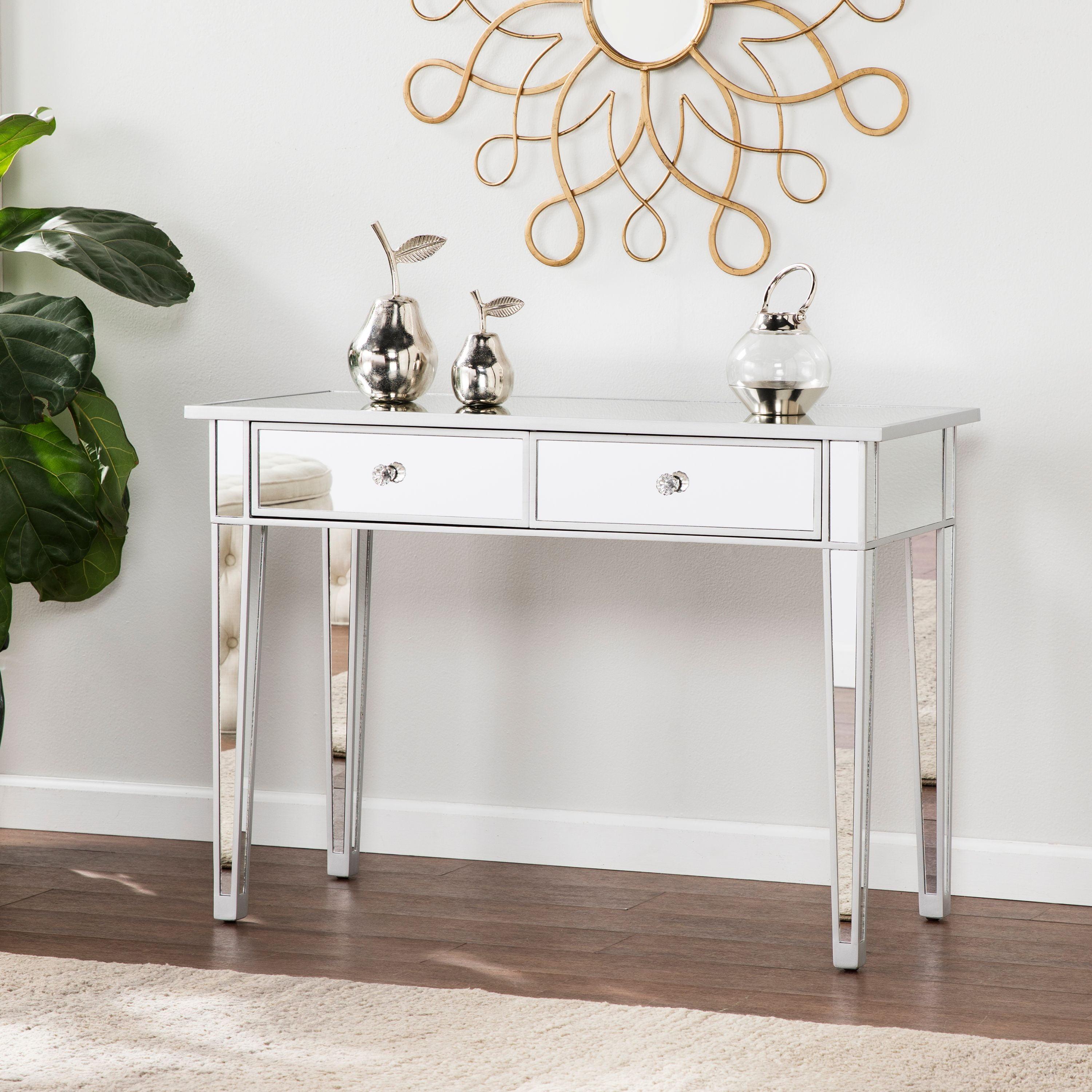 Glamorous Matte Silver Mirrored Console Table with Storage