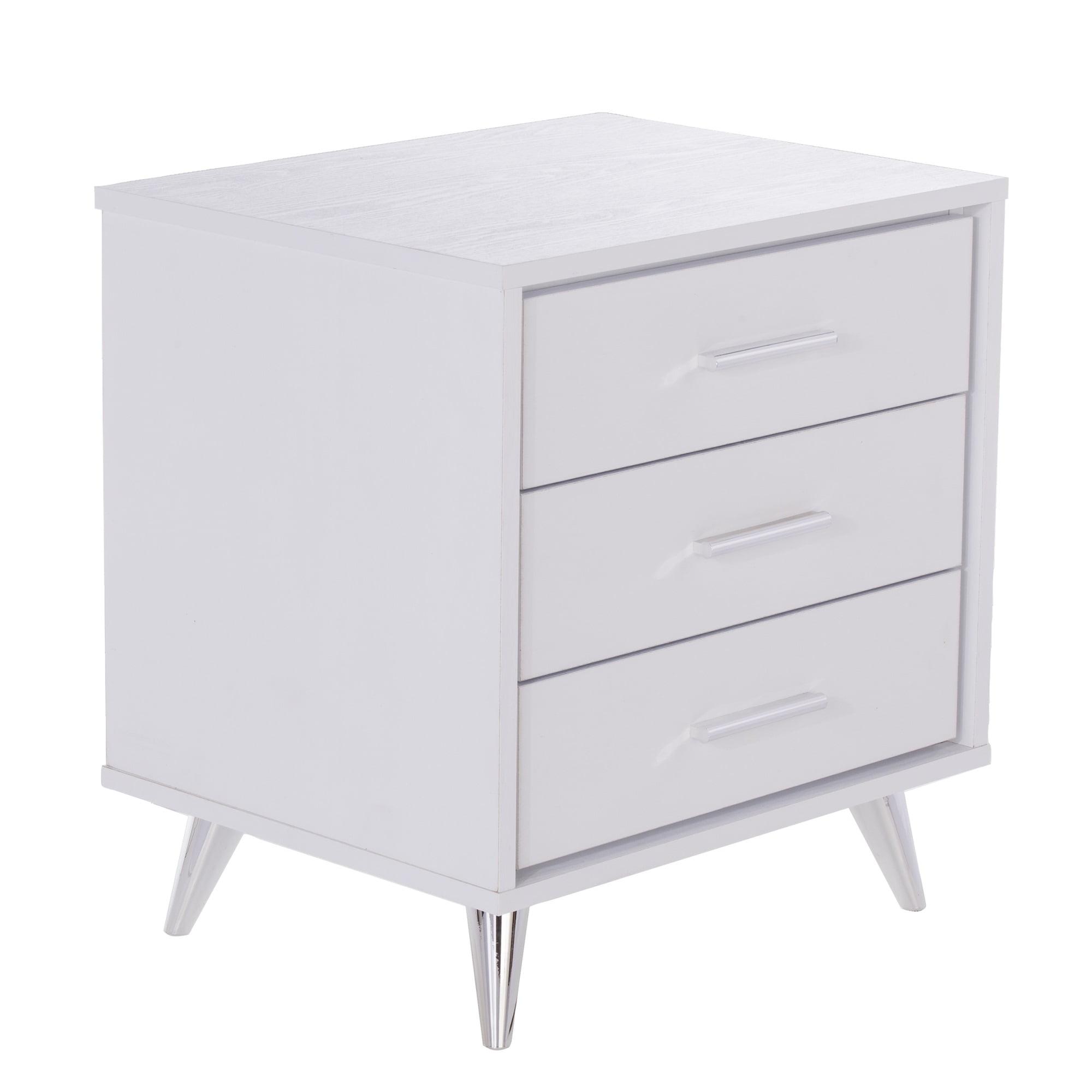 Crisp White Modern 3-Drawer Bedside Nightstand with Chrome Accents