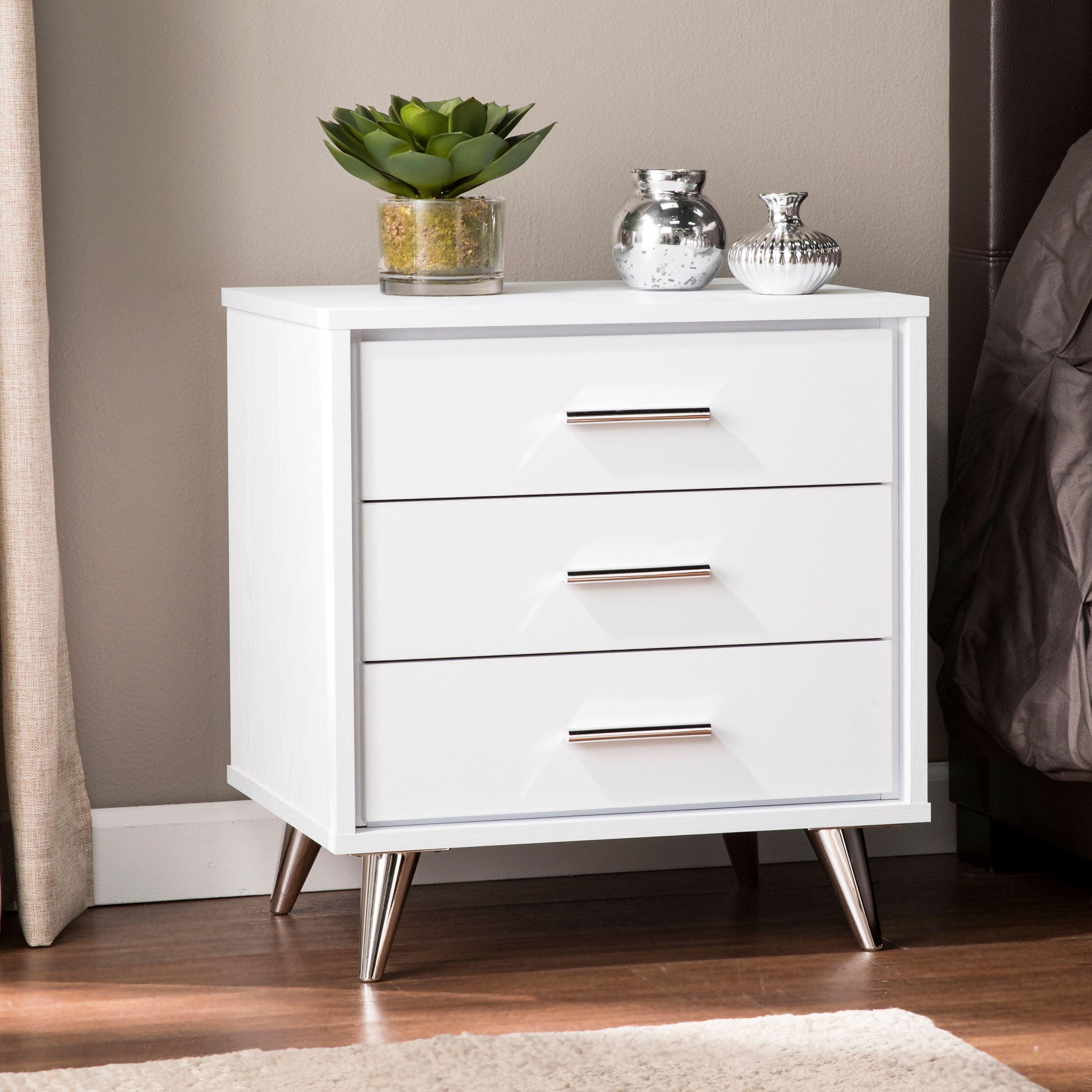 White Modern 3-Drawer Nightstand with Metal Legs