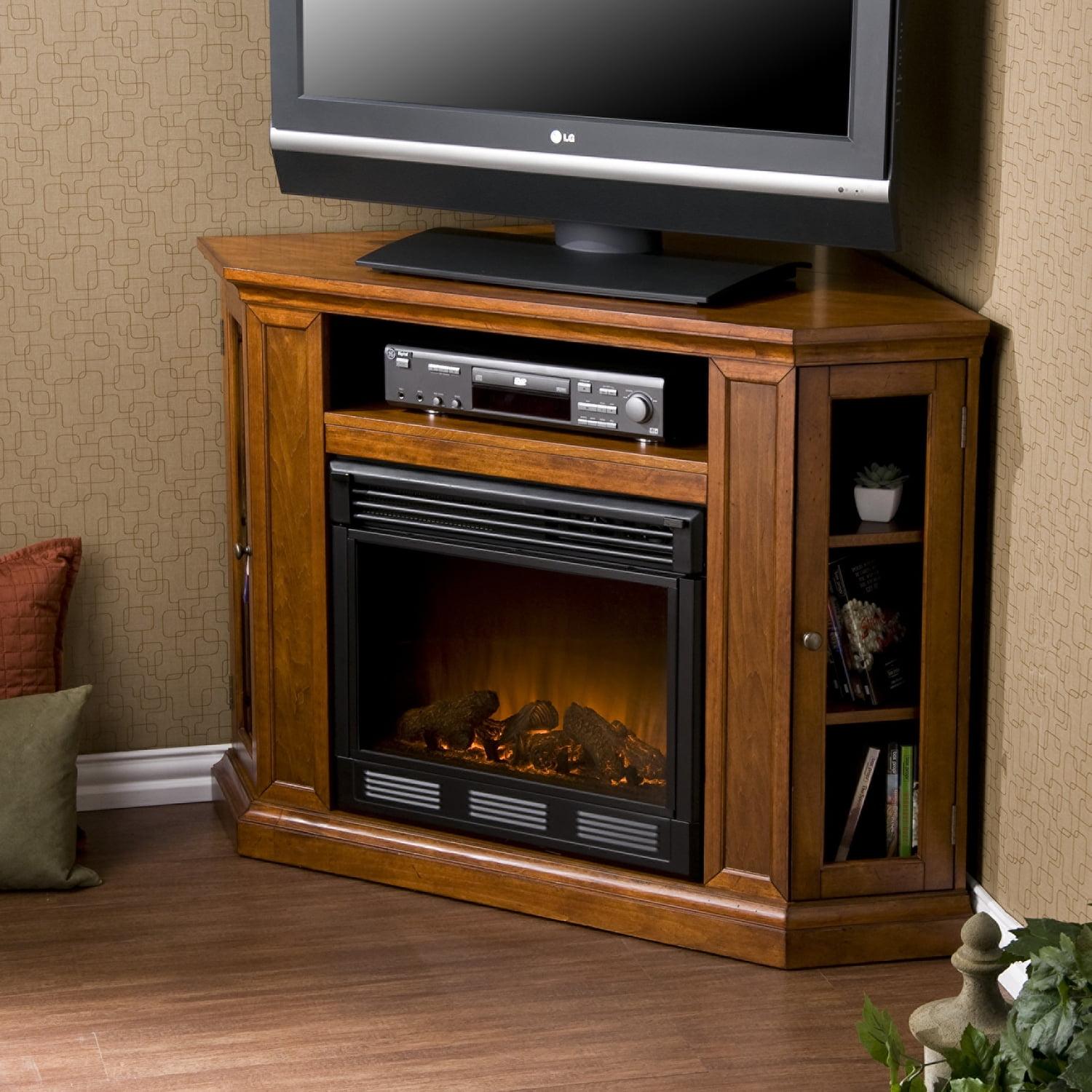 Mahogany Corner Media Stand with Electric Fireplace and Storage