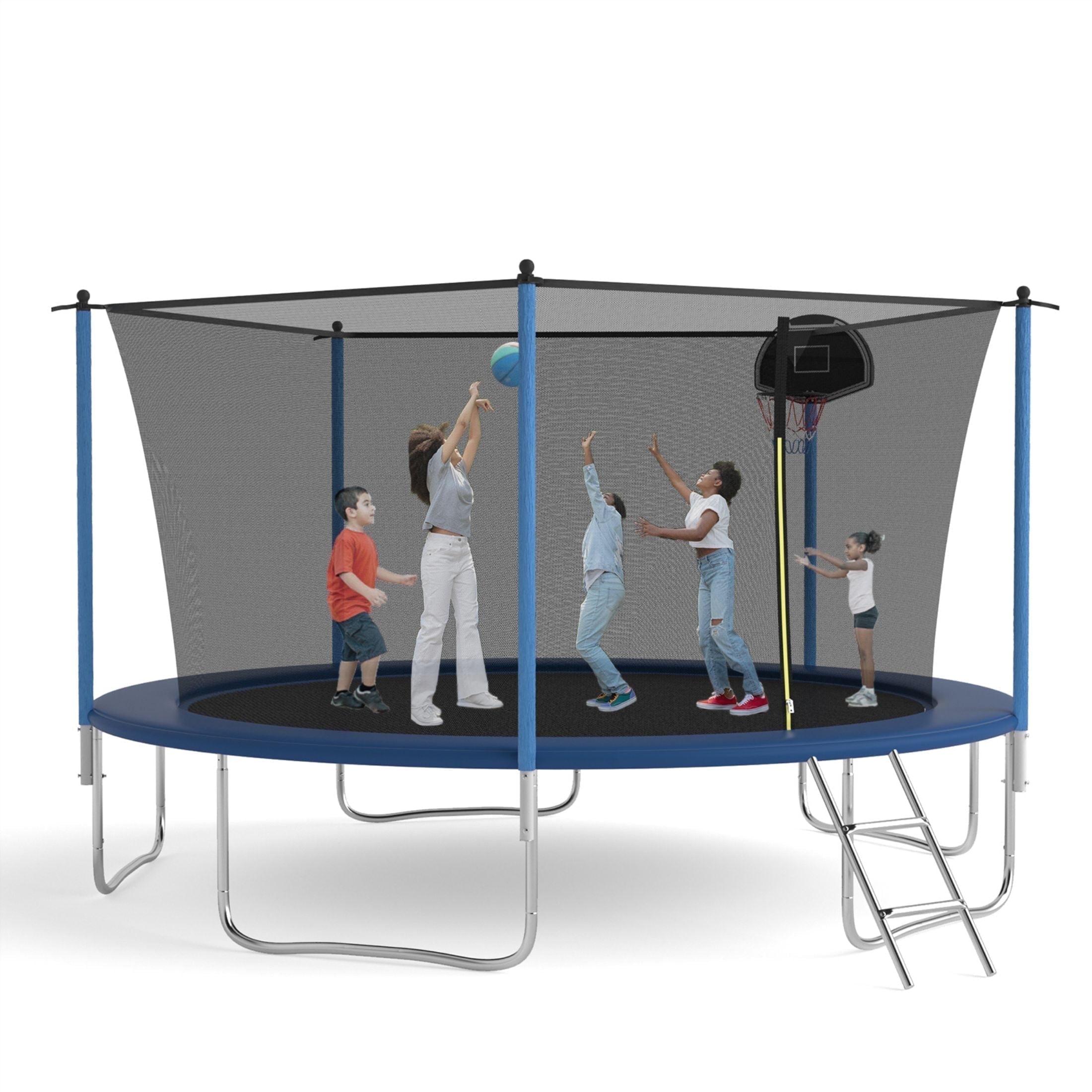 Blue 14FT Round Trampoline with Enclosure and Basketball Hoop