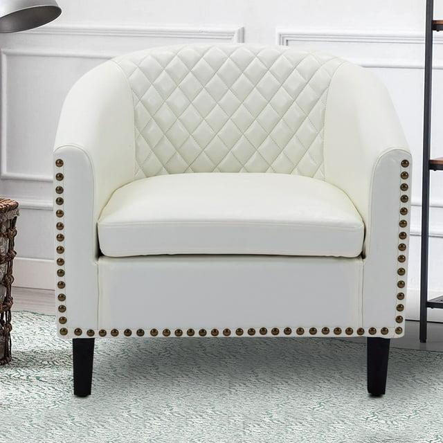 Barrel Chair PU Leather and Solid Wood Legs Tufted Cushion Rivet Decor Tub Barrel Style Bedroom Club Sofa Chair for Attic Rest Area and Home Living Room Max Weight Capacity 250 LBS White