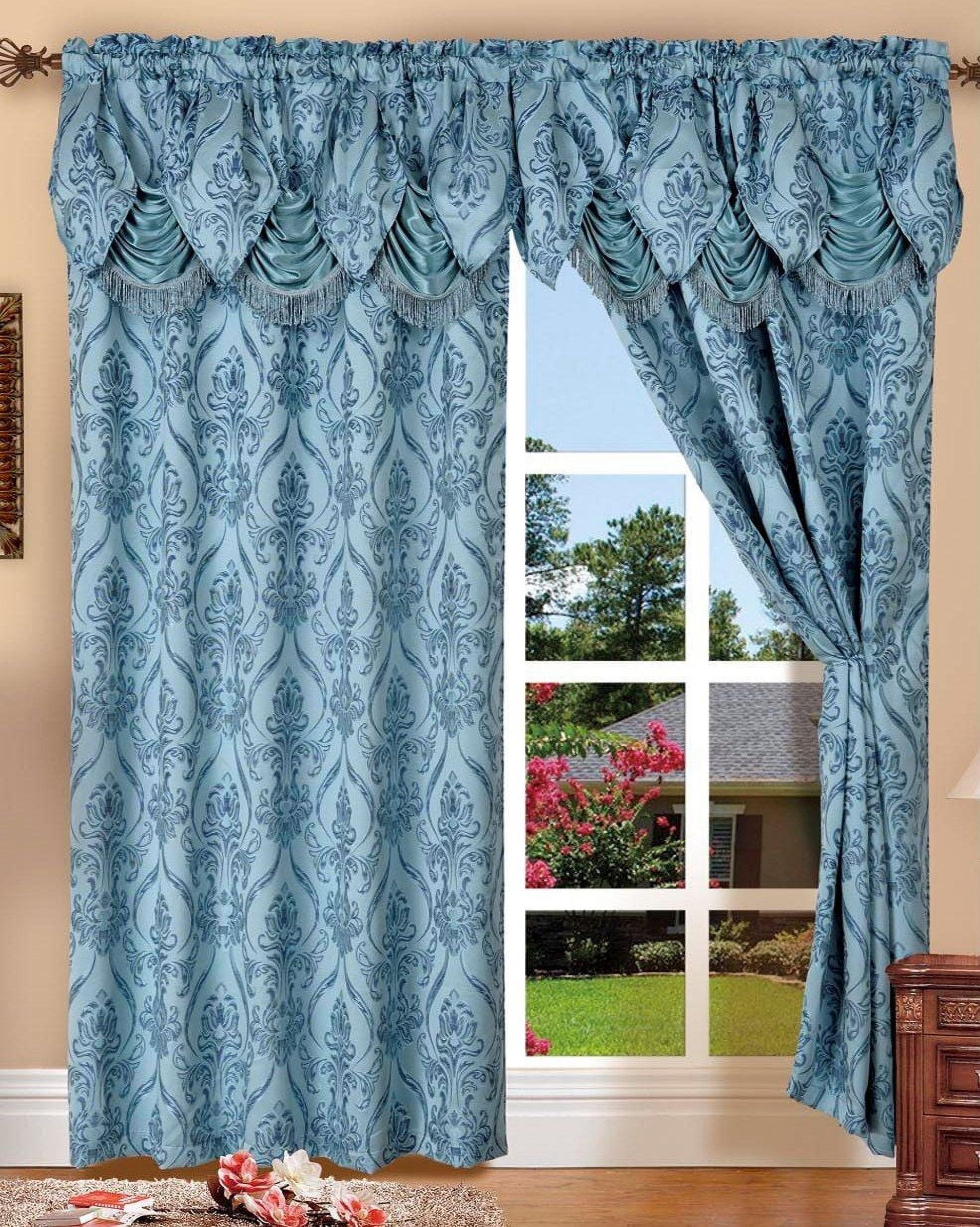 Blue Jacquard Rod Pocket Curtain Panels with Valance, 54x84 Inches, Set of 2