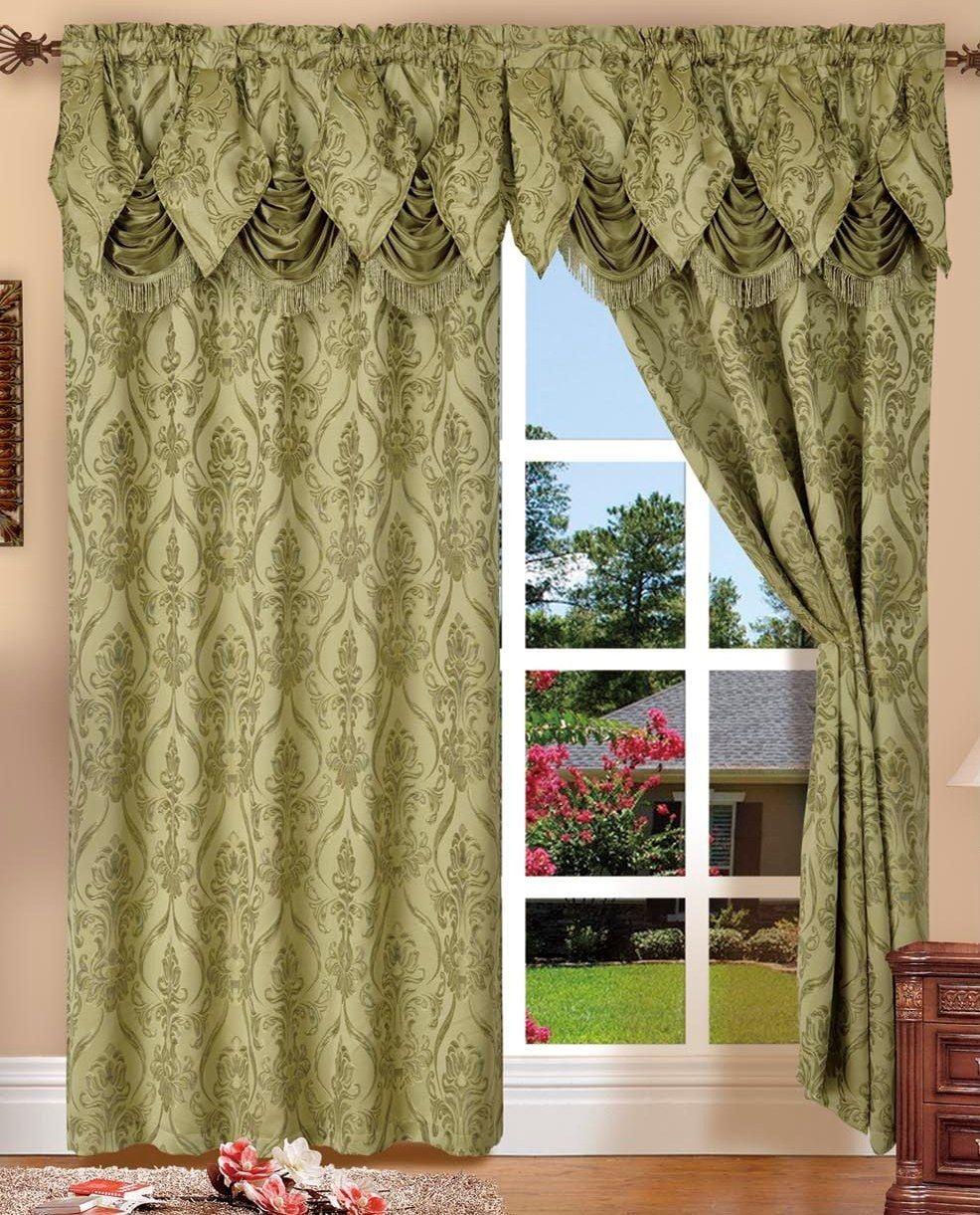 Luxury Home Textile Green Damask Rod Pocket Light Filtering Kitchen Curtains, 54” x 84” (2 Panels)