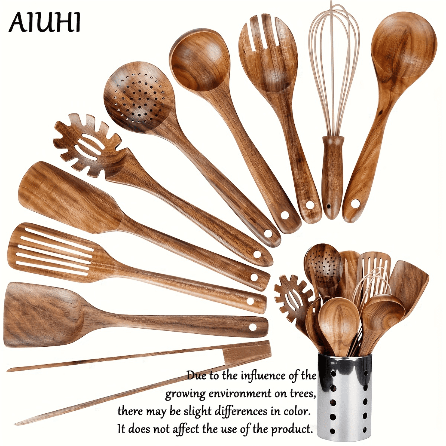 Wooden Kitchen Utensils set With Utensil Holder KOSMIKO 11 PCS Teak Wooden Cooking Spoons and Spatula for Cooking including Spoon Ladle Fork.