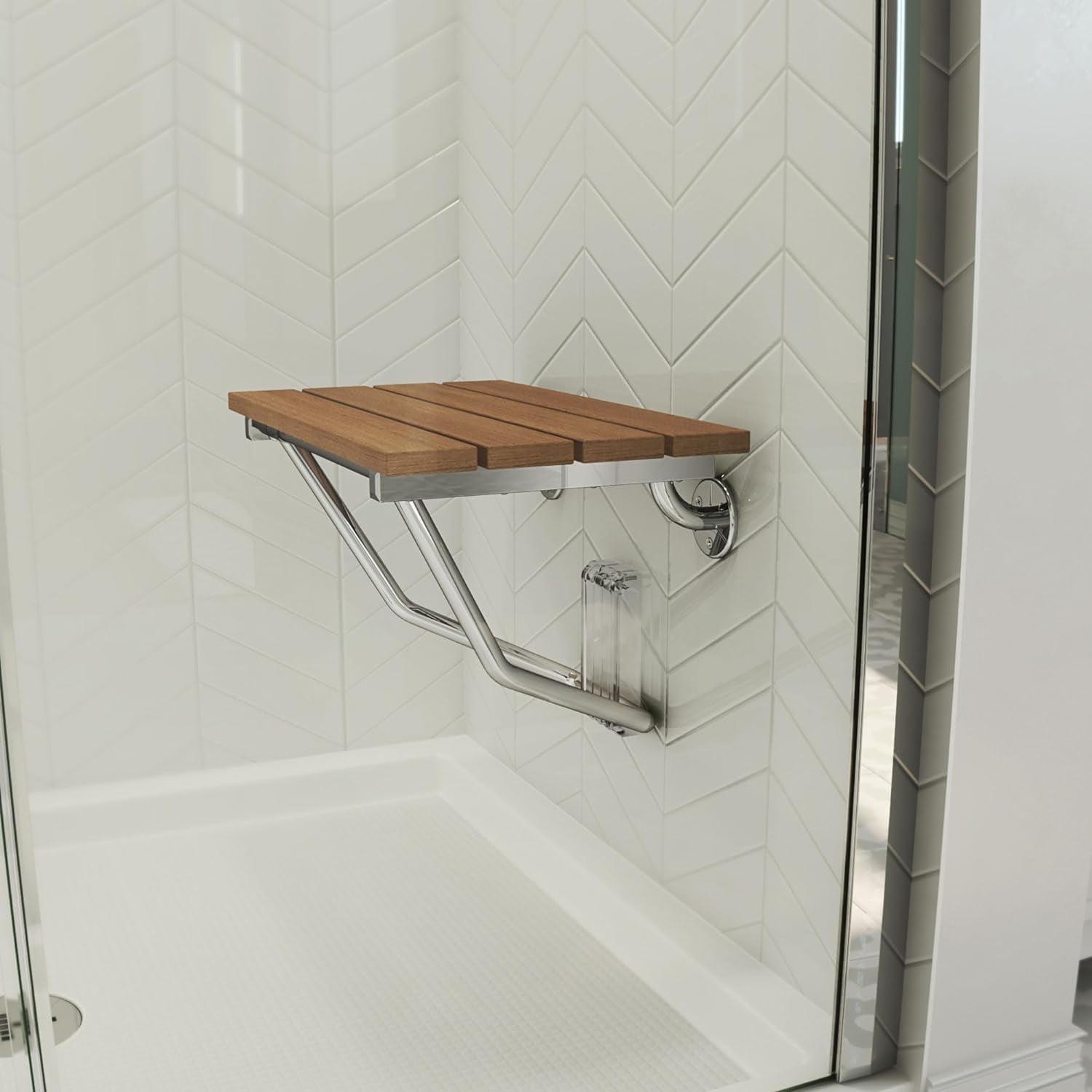 Natural Teak Folding Shower Seat with Chrome Finish