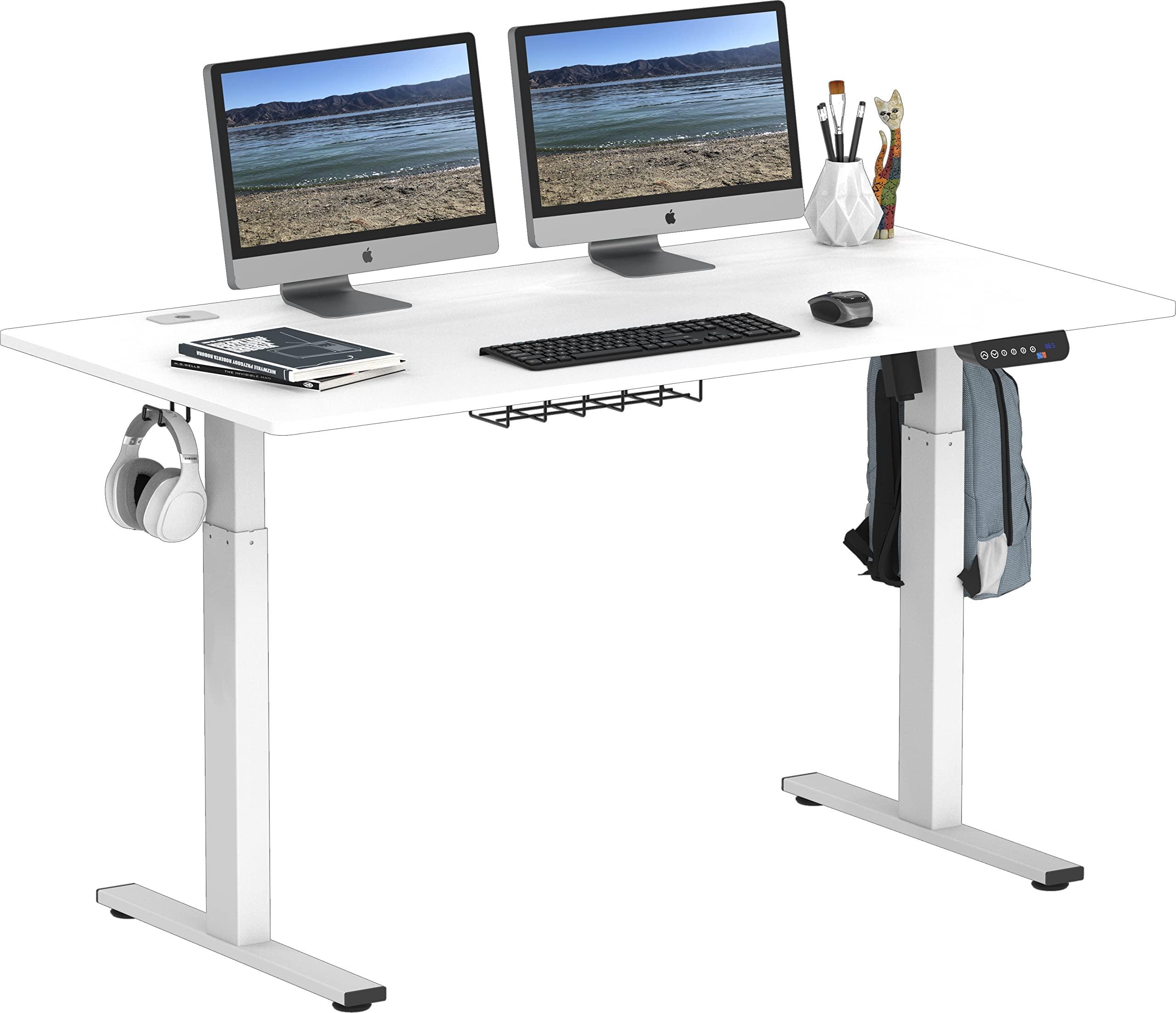 White Adjustable Height Electric Standing Desk with Hooks, 55"