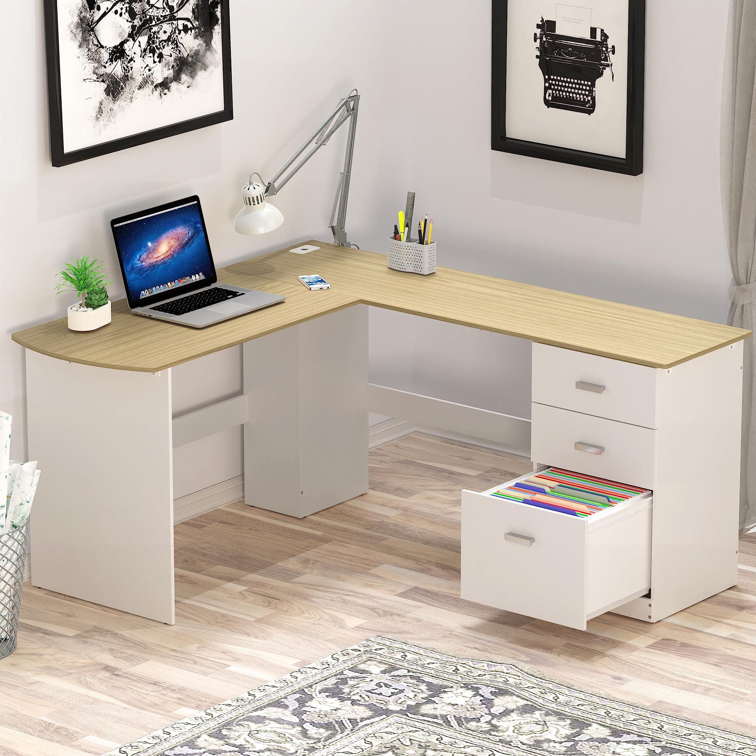 SHW L-Shaped Wood Corner Desk with 3 Side Drawers, Oak