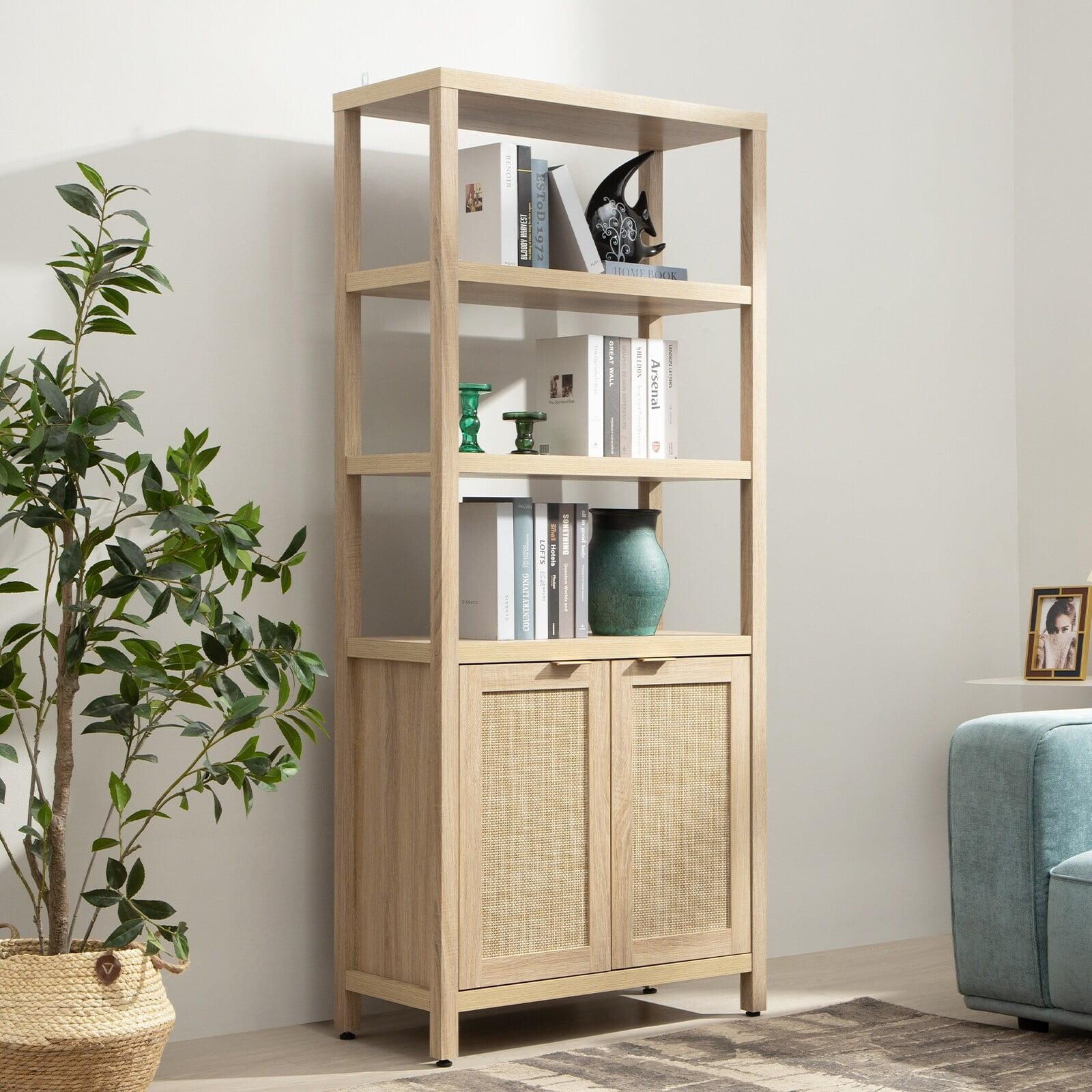 Oak 5-Tier Adjustable Bookshelf with Rattan Doors