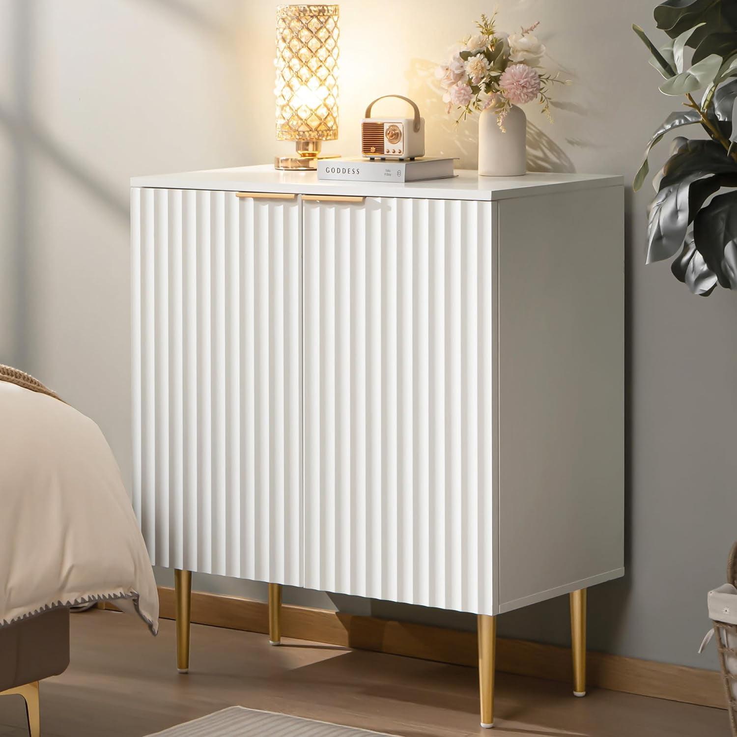 White Fluted Wood Sideboard Buffet Cabinet with Gold Legs