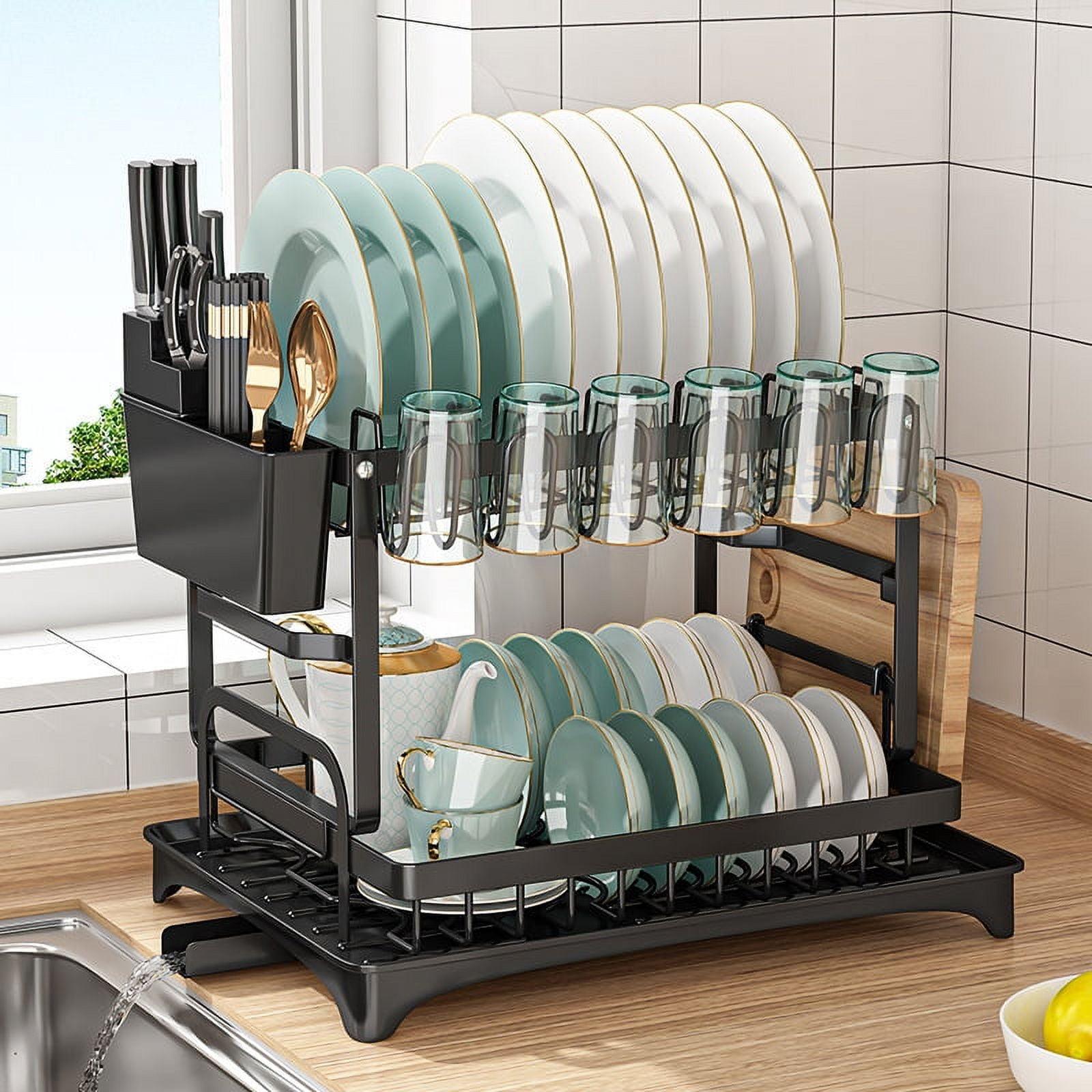 Simperf 2 Tier Dish Racks for Kitchen Counter, Drying Rack with Dish Drainer Set Dishes Organizers