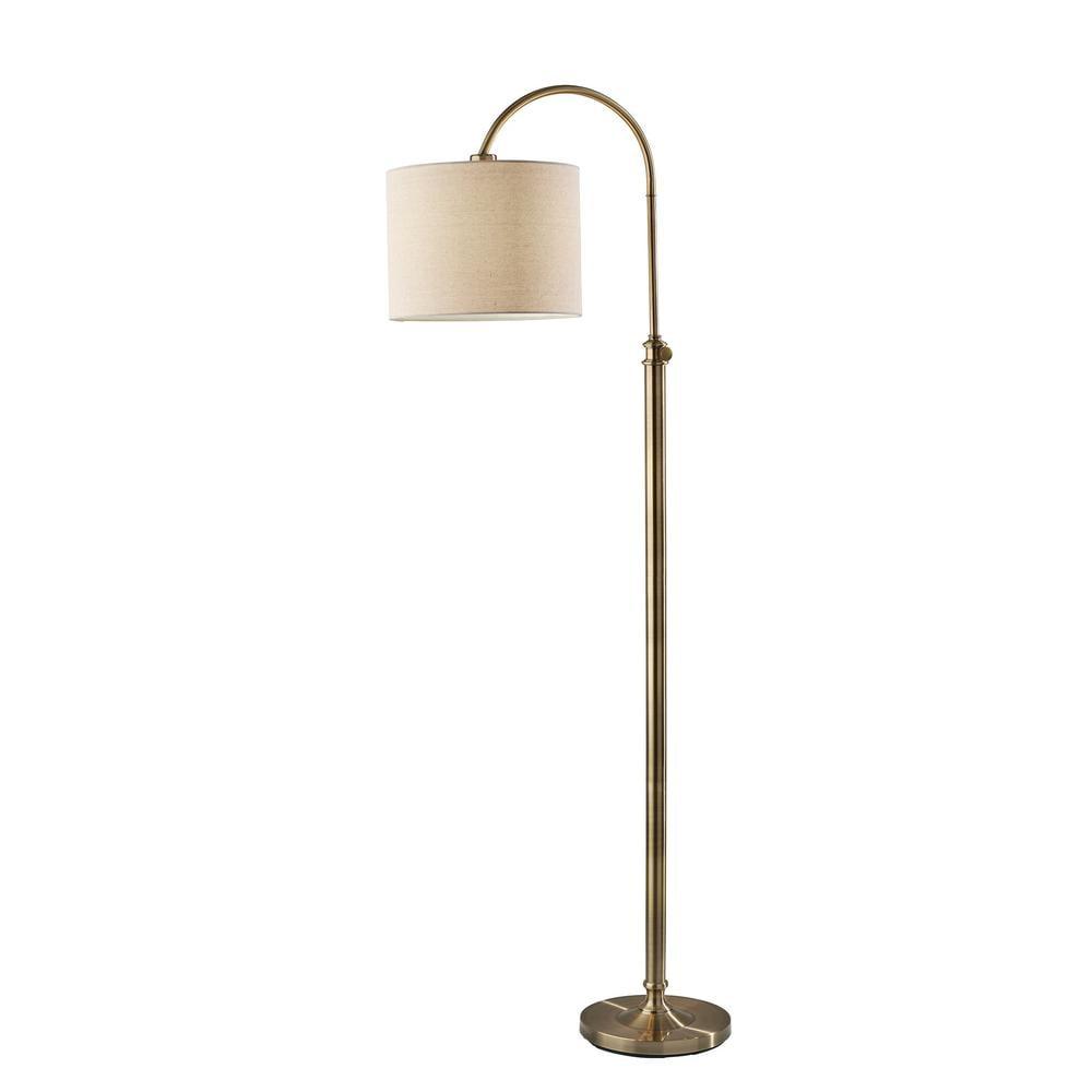 Adesso Barton Task Floor Lamp Antique Brass: Adjustable Height, Linen Shade, ETL Listed, Metal Body