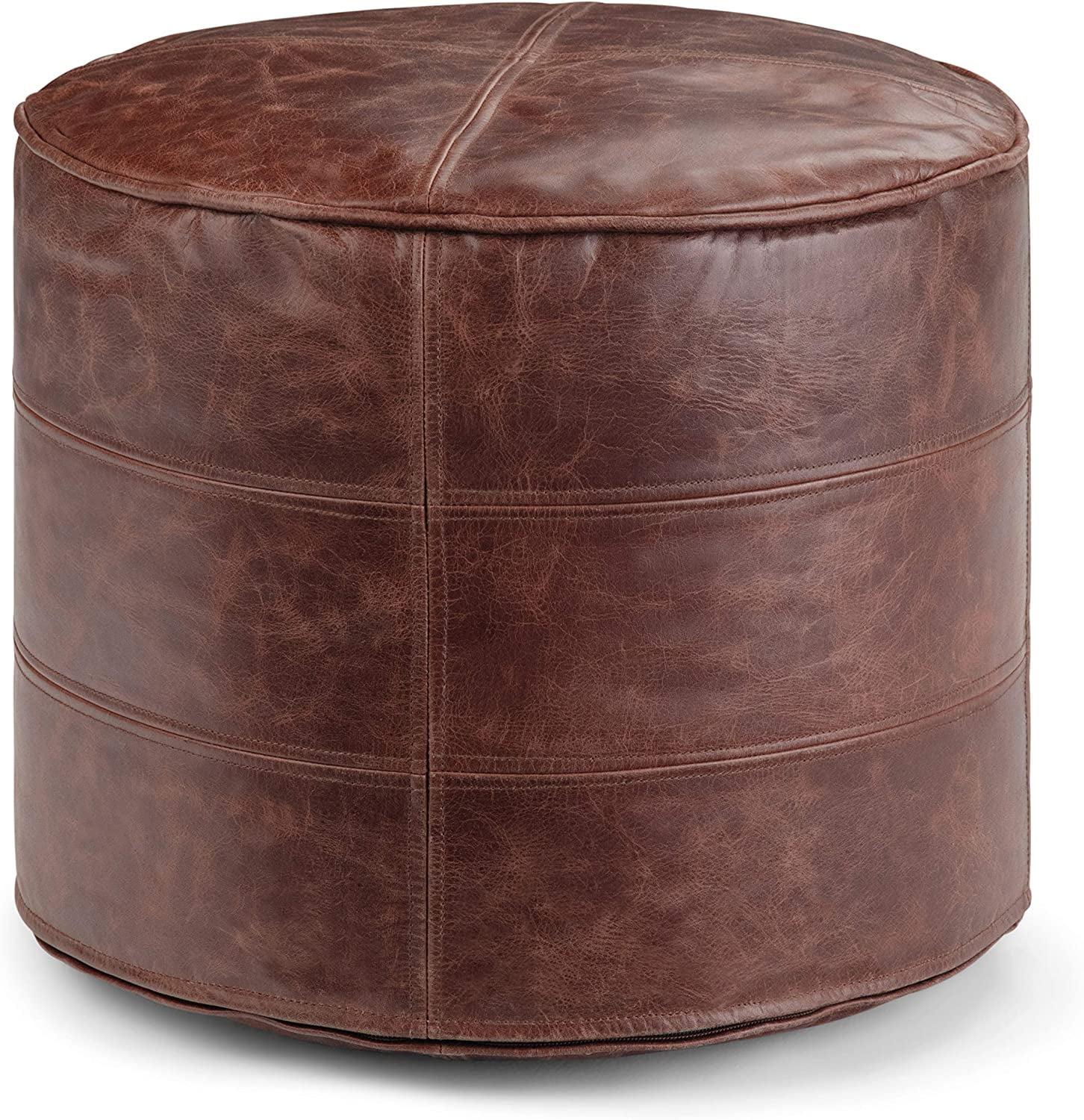 Connor Round Distressed Brown Leather Pouf