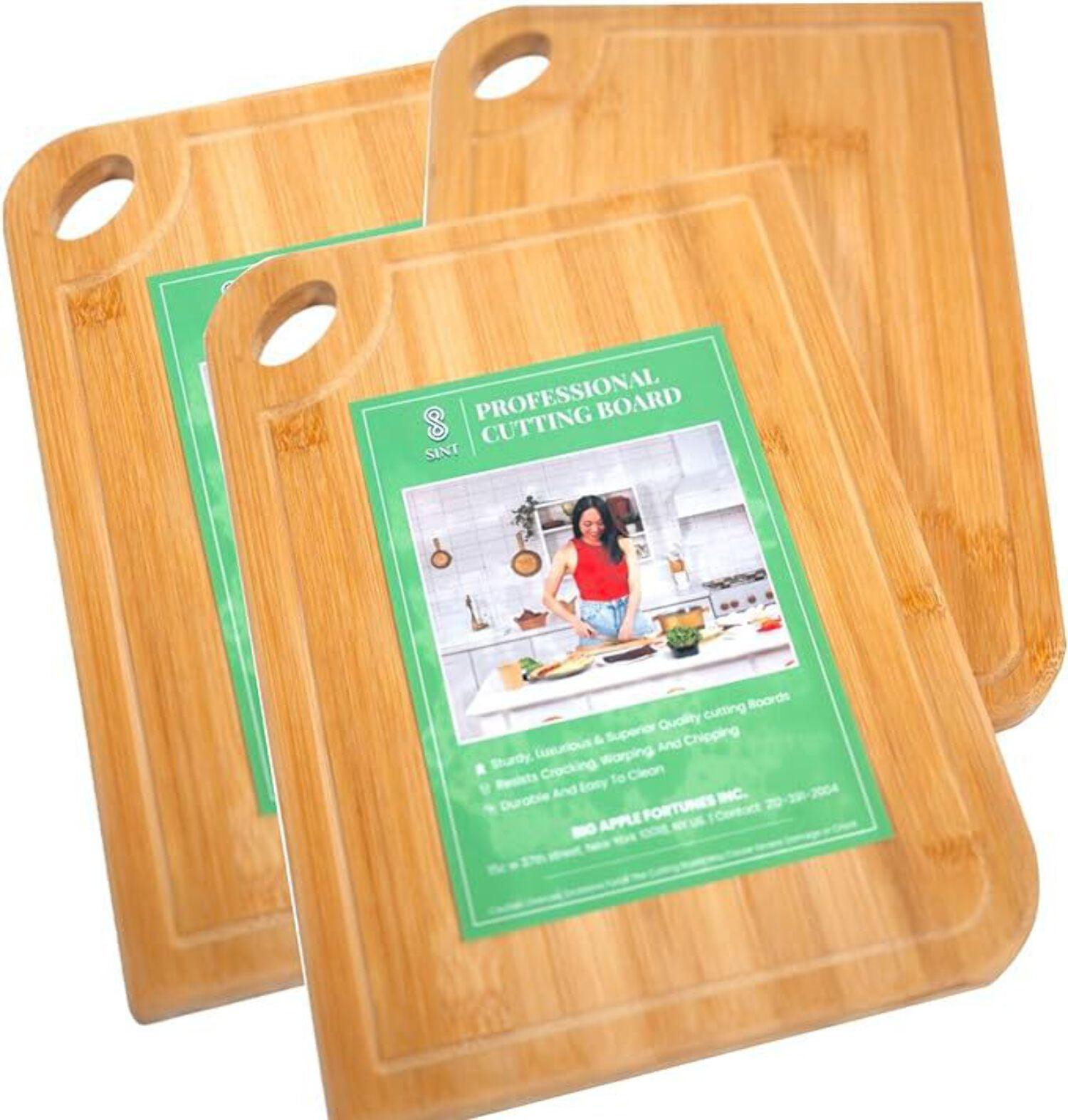 Bamboo Cutting Boards for Kitchen [Set of 3] Wood Cutting Board for Chopping Meat, Vegetables, Fruits, Cheese, Knife Friendly Serving Tray with Handles