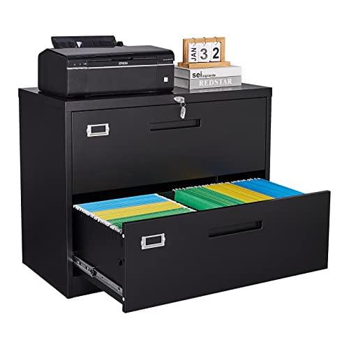 Black Metal 2-Drawer Lockable Lateral Filing Cabinet