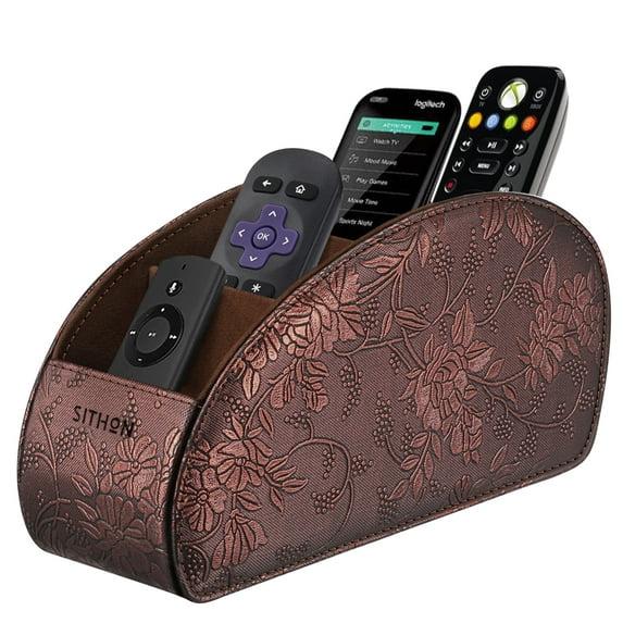 SITHON Remote Control Holder with 5 Compartments - PU Leather Remote Caddy Desktop Organizer, Brown