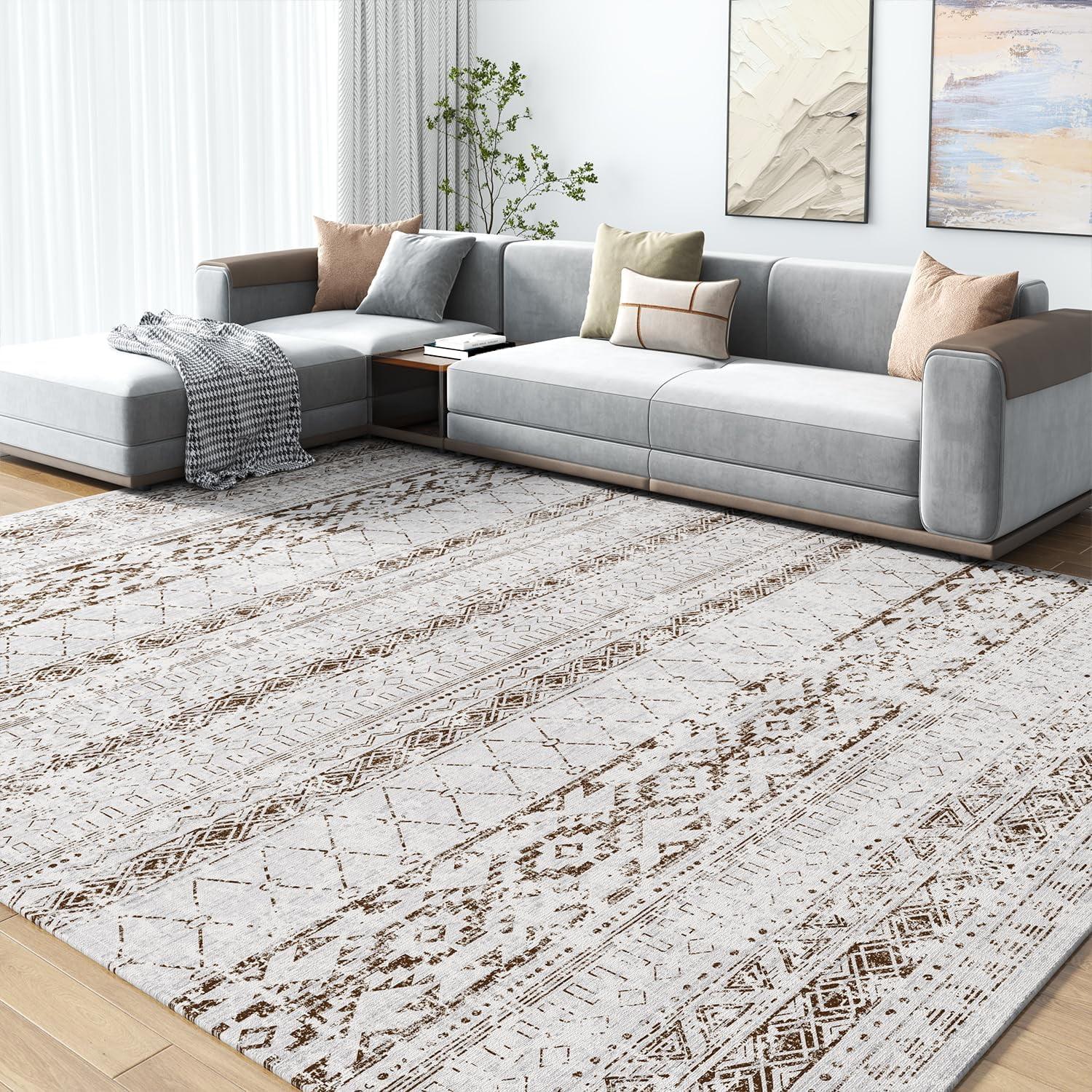 6x9 Area Rug Living Room Rugs - Washable Large Soft Neutral Boho Moroccan Bohemian Farmhouse Rug Indoor Floor Carpet for Bedroom Under Dining Table Home Office Decor - Cream Brown