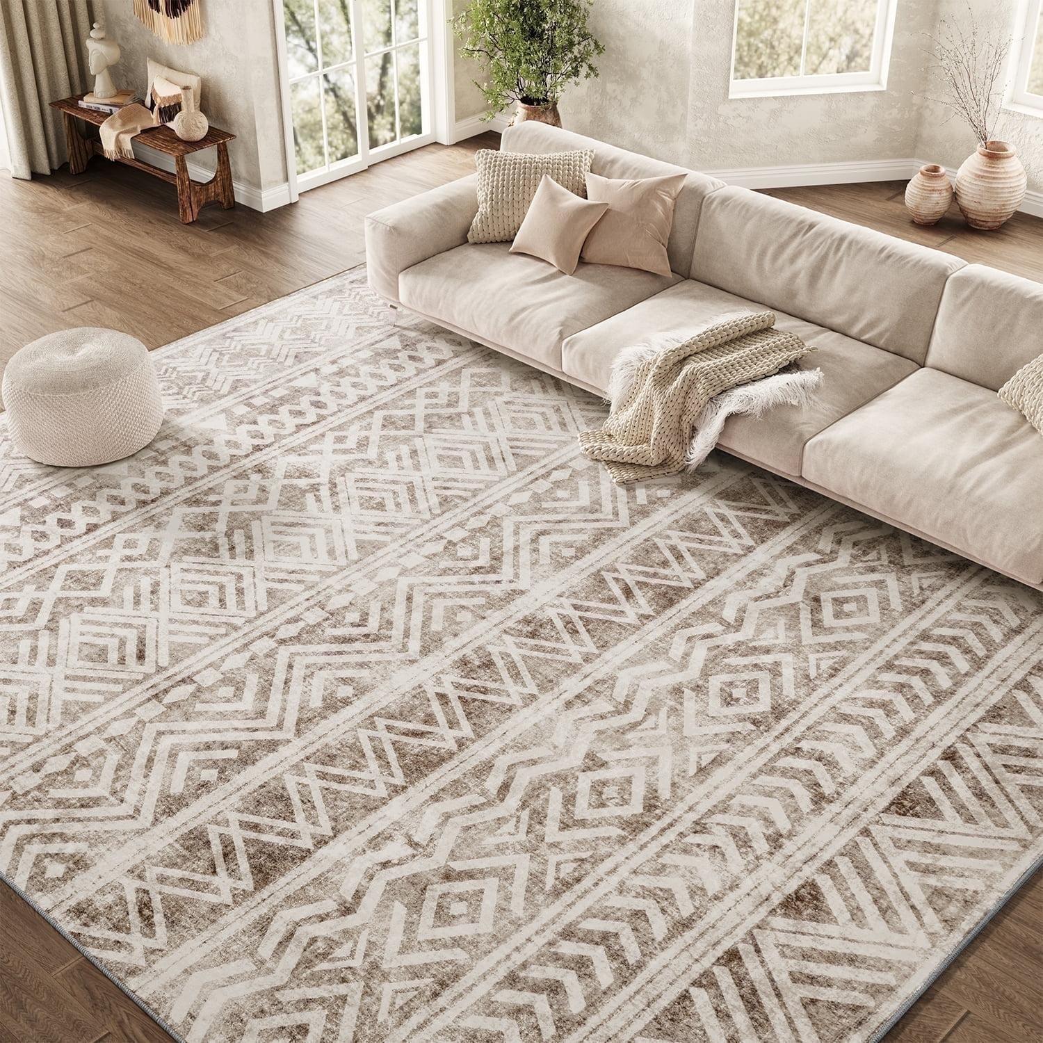 FairOnly 9'x12' Brown White Area Rugs Machine Washable Vintage Rugs for Bathroom Geometric Moroccan Ultra-Thin Area Rugs for Family Room Living Room Carpet