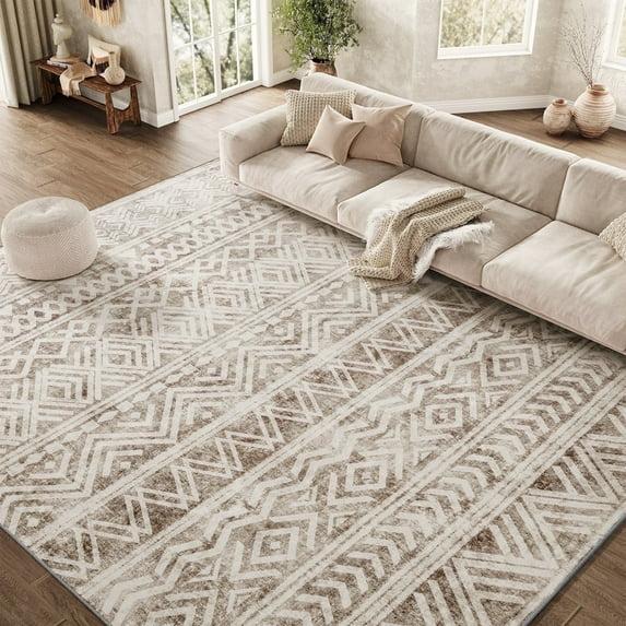 FairOnly 9'x12' Brown White Area Rugs Machine Washable Vintage Rugs for Bathroom Geometric Moroccan Ultra-Thin Area Rugs for Family Room Living Room Carpet