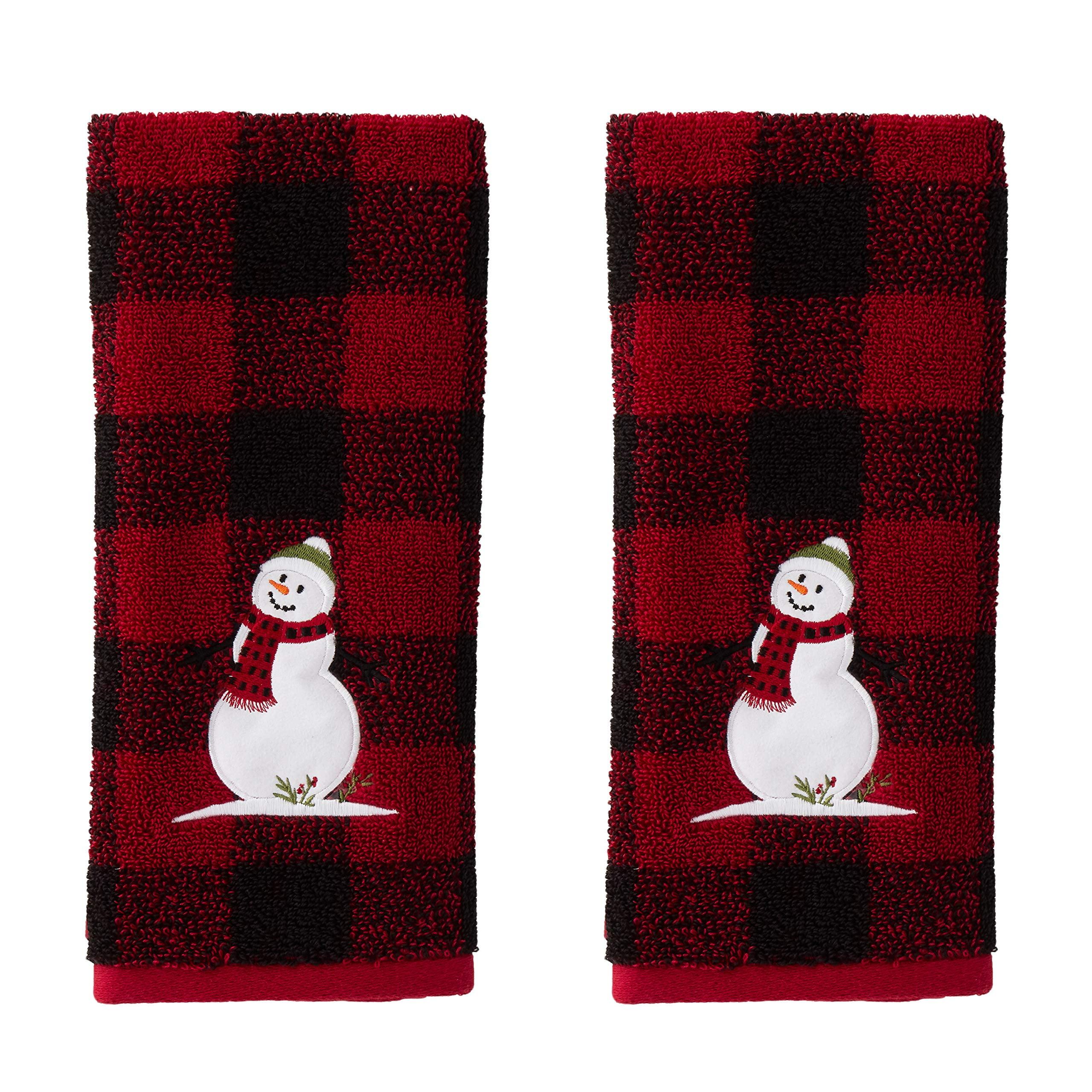 Red Buffalo Plaid Snowman Cotton Microfiber Hand Towels, 2-Piece Set