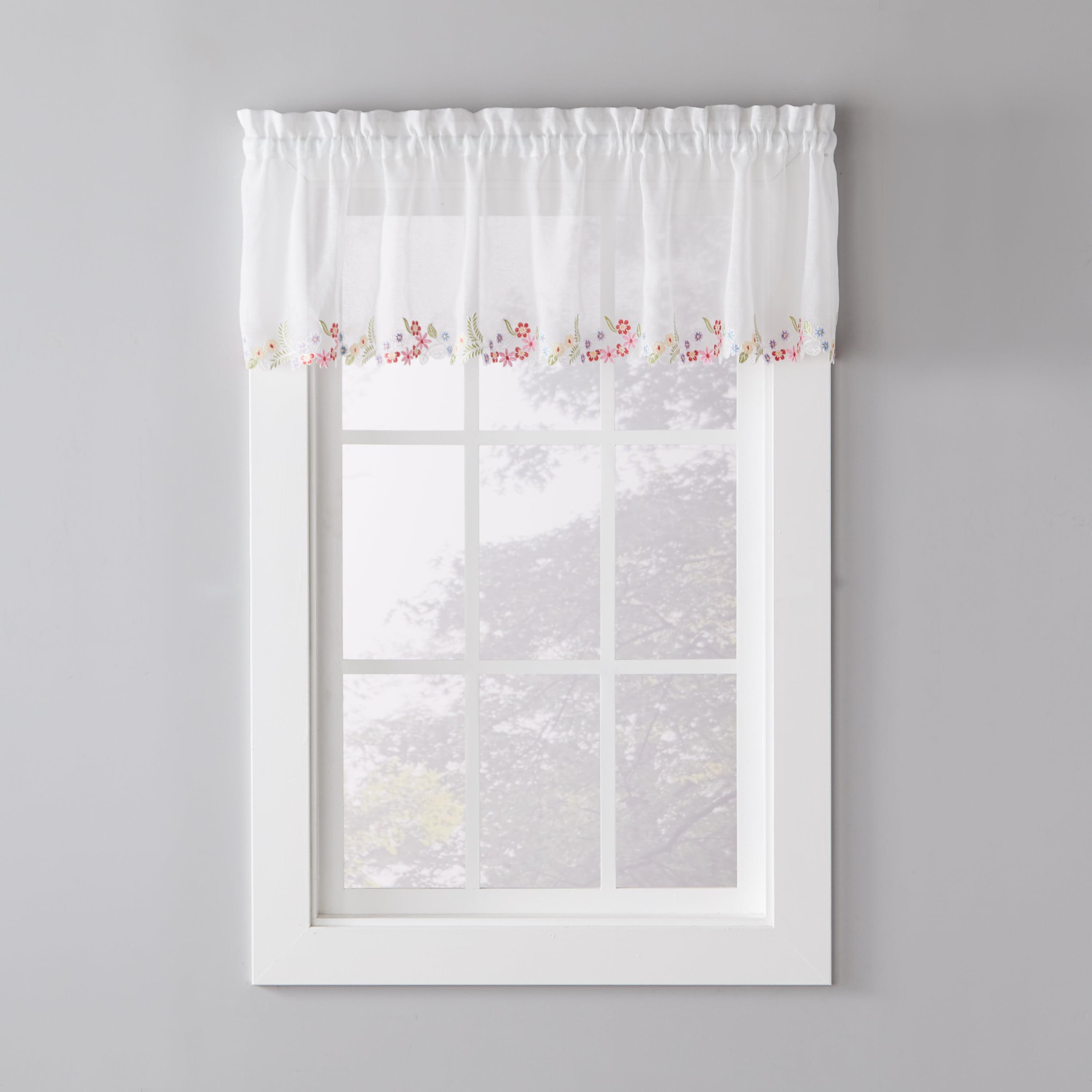 White Floral Embroidered Sheer Rod Pocket Valance