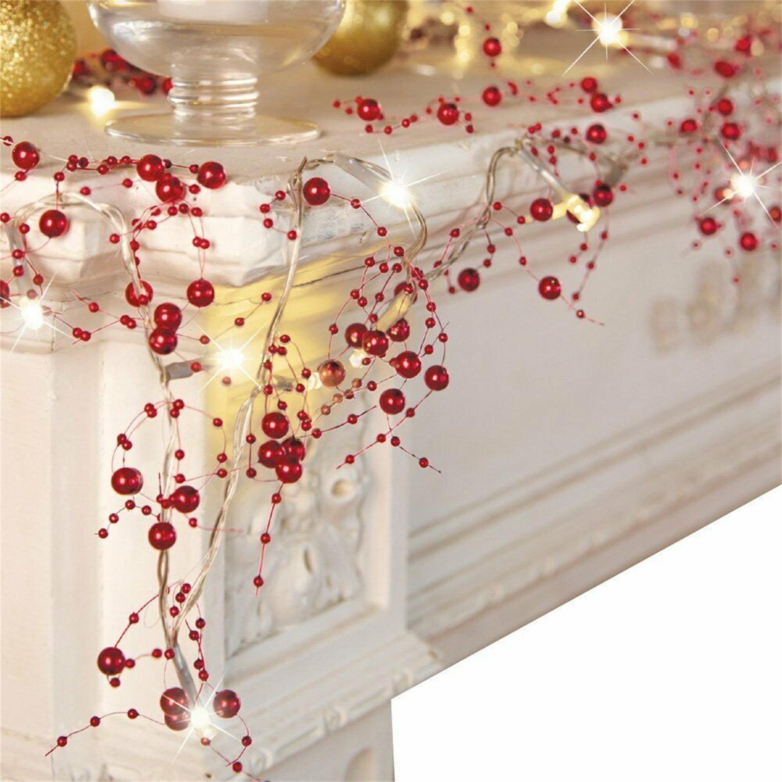Collections Etc Lighted Berry-Beaded Holiday Garland Red