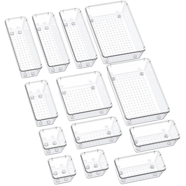 SMARTAKE 13-Piece Drawer Organizers with Non-Slip Silicone Pads, 5-Size Desk Drawer Organizer Trays Storage Tray for Makeup, Jewelries, Utensils in Bedroom Dresser, Office and Kitchen, Clear