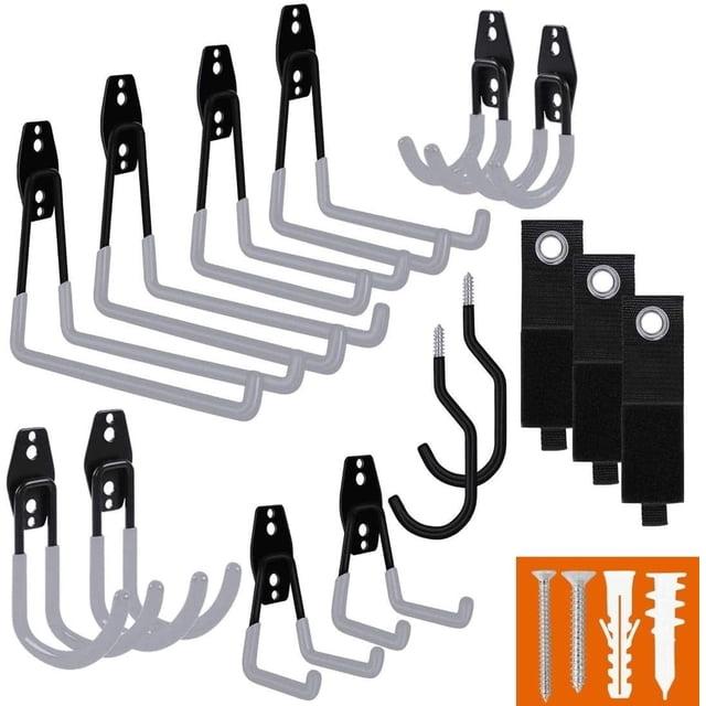 SMARTOLOGY Garage Hooks with Bike Hook & Extension Cord Organizer, 15 Pack Set Steel Multi-Tool Hanger, Heavy Duty Utility Storage Holder for Home & Warehouse Lawn Garden Tool Organizer