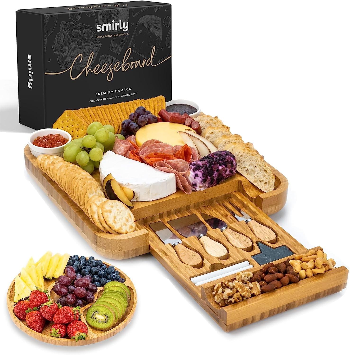 Bamboo Cheese Board Set with Fruit Tray and Ceramic Bowls