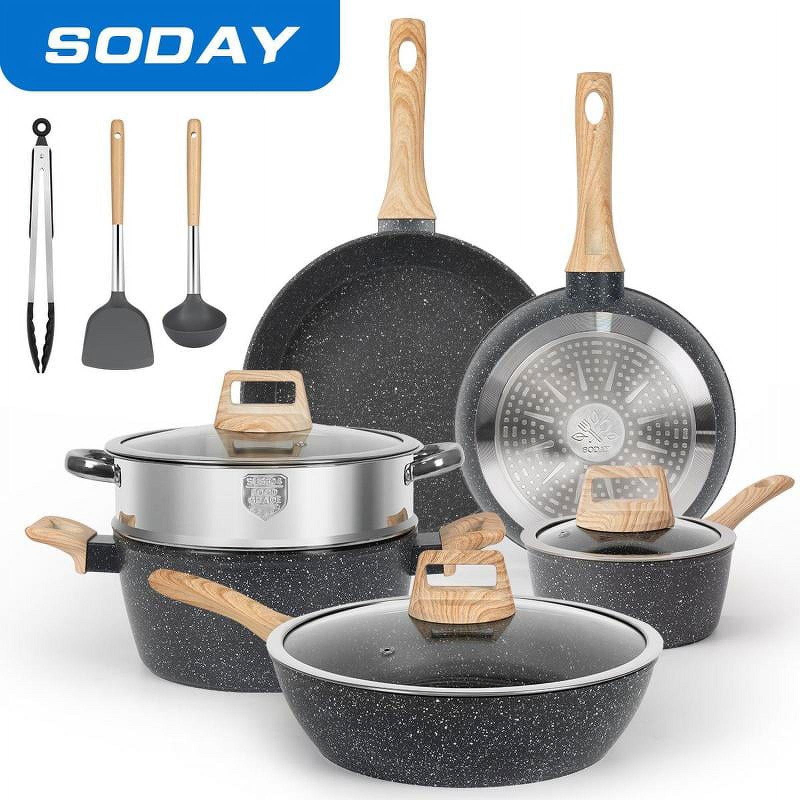 SODAY 12pcs Pots and Pans Set Non Stick Kitchen Cookware Sets Induction Cookware Nonstick Granite Cooking Set with Frying Pans, Saucepans, Steamer Silicone Shovel Spoon & Tongs (Black)Nontoxic Cooking