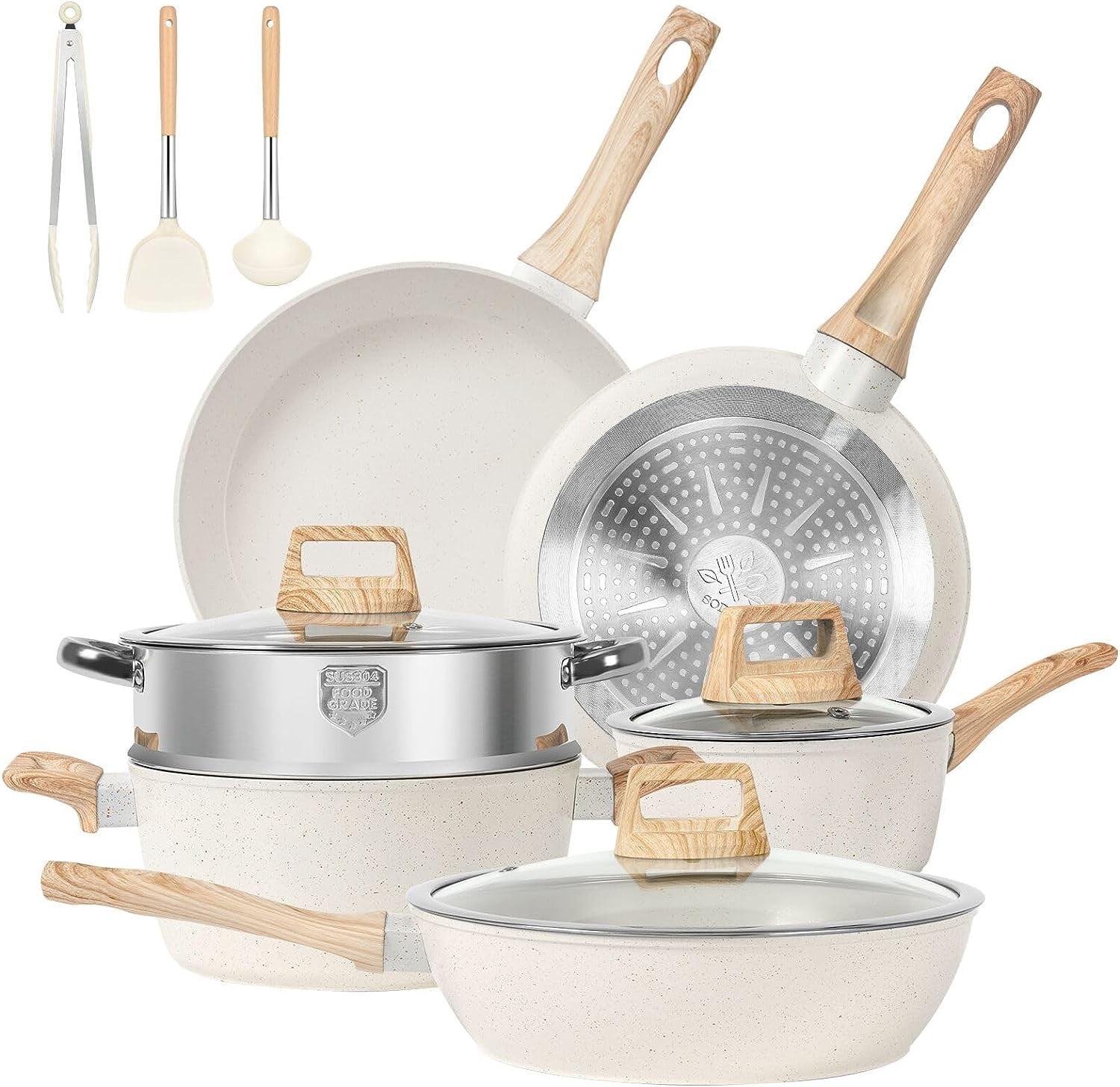 12-Piece White Granite Nonstick Aluminum Cookware Set