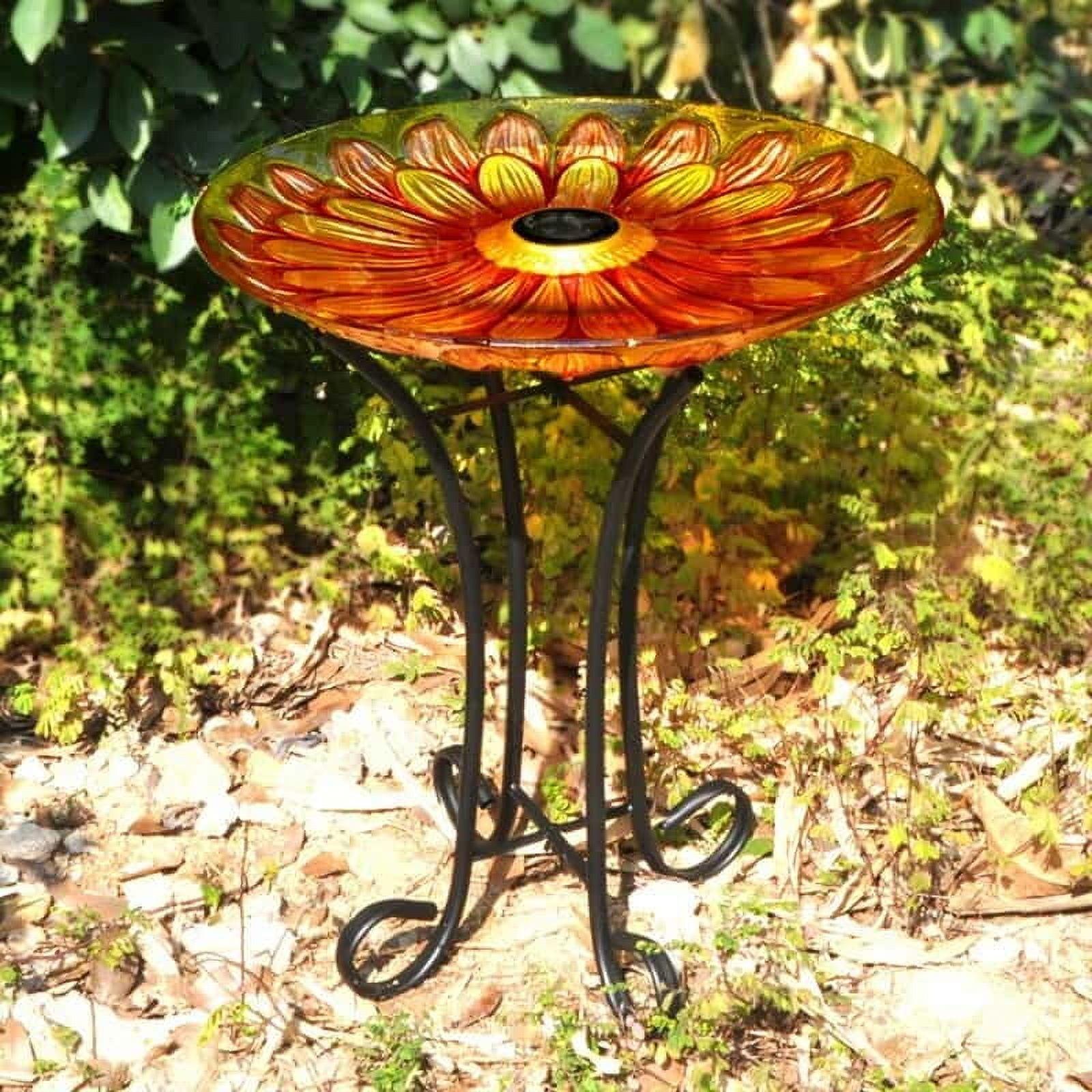 Solar Floral Glass Bird Bath with Metal Stand