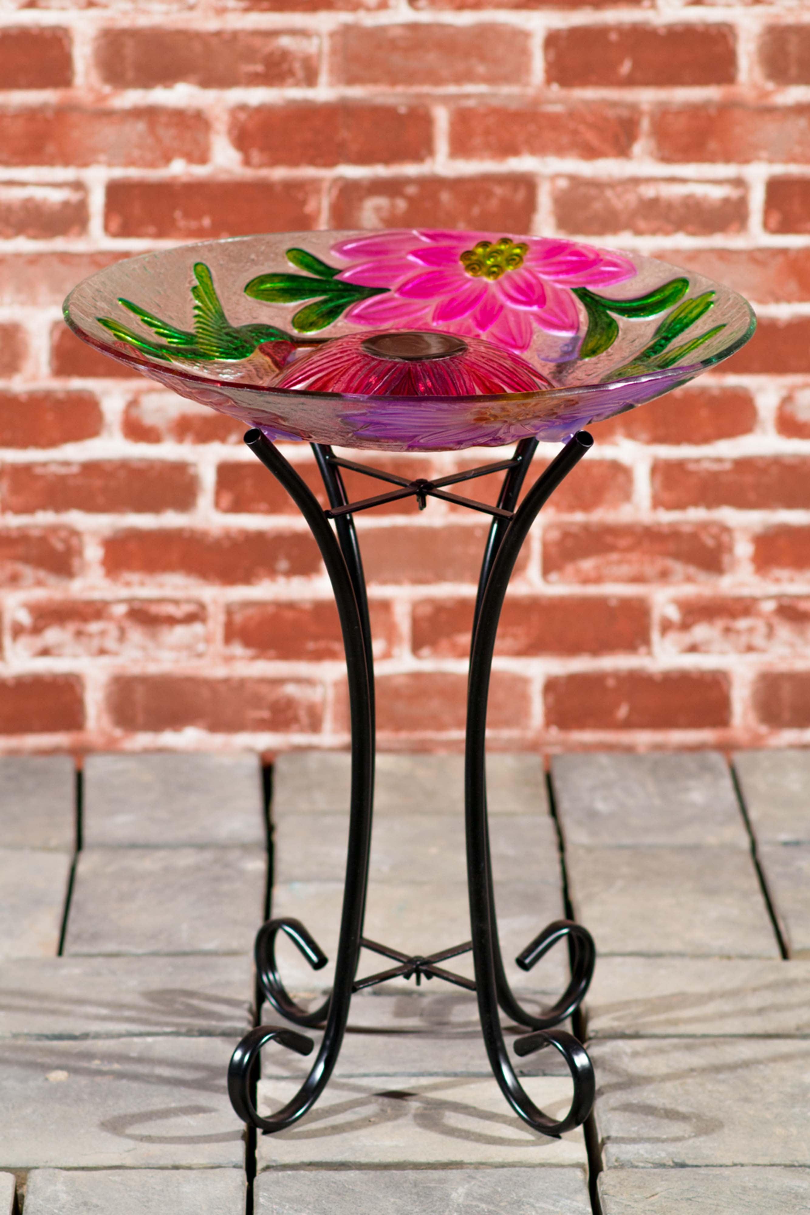 Solar Floral Glass Hummingbird Birdbath with Metal Stand