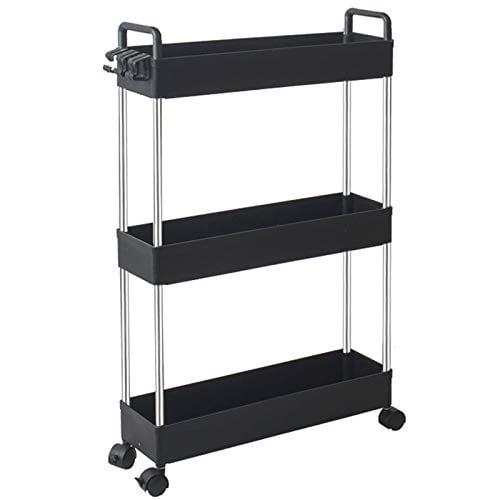 Black 3-Tier Slim Mobile Utility Cart with Adjustable Shelves