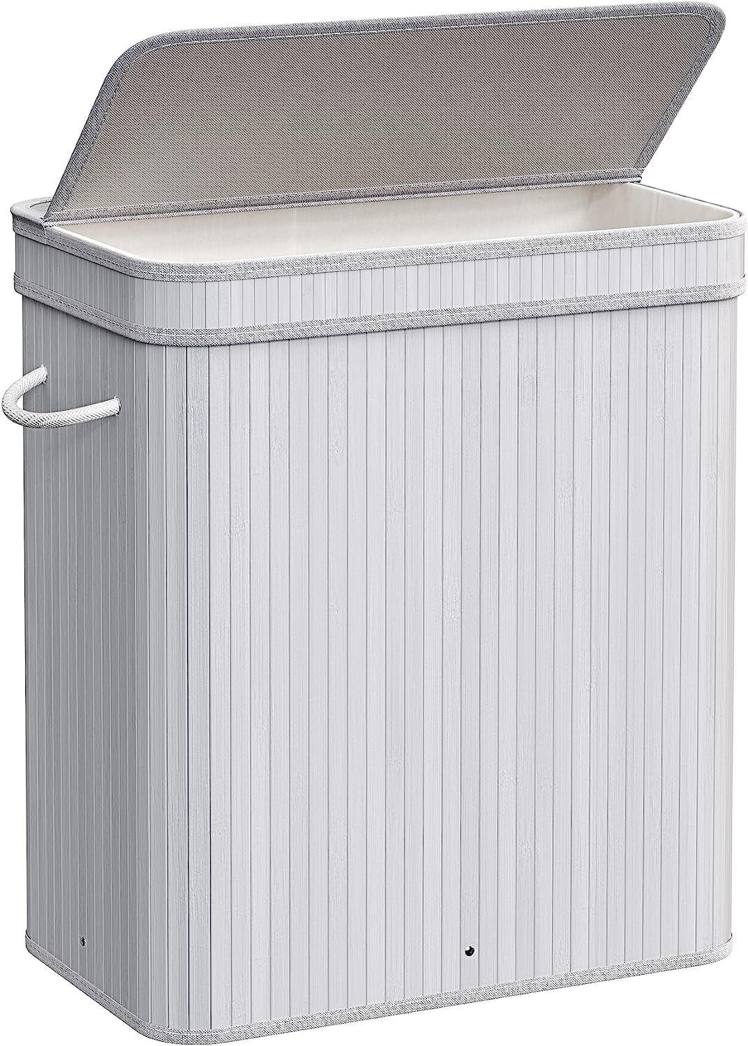100L Laundry Hamper with Lid Bamboo Laundry Basket with Liner Bag Foldable Storage Hamper with Handles Gray