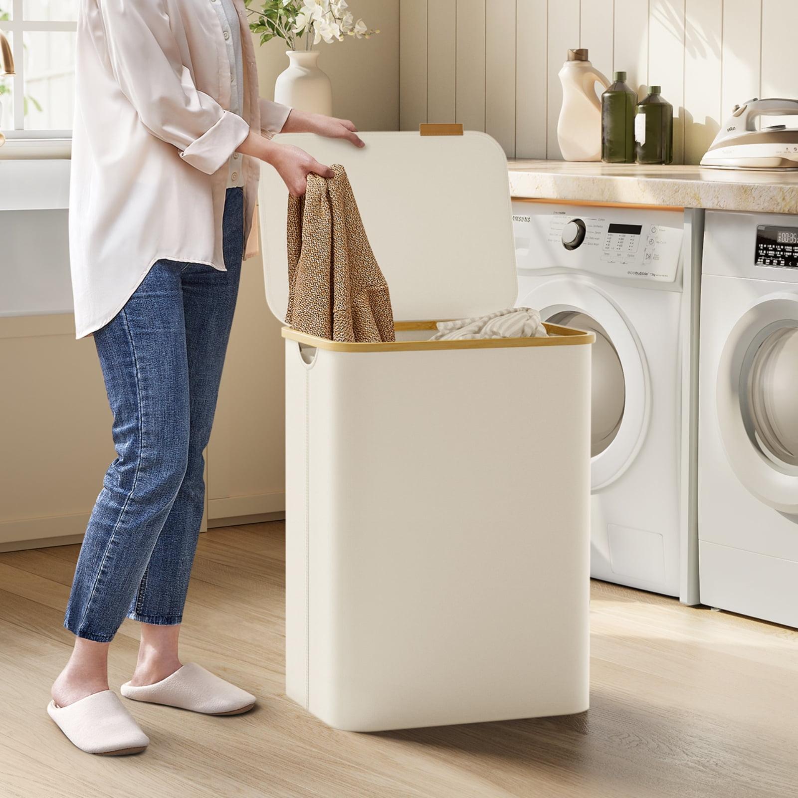 SONGMICS Laundry Hamper with Lid 3-Section Large Laundry Basket Removable Mesh Liner Bamboo Handles Collapsible