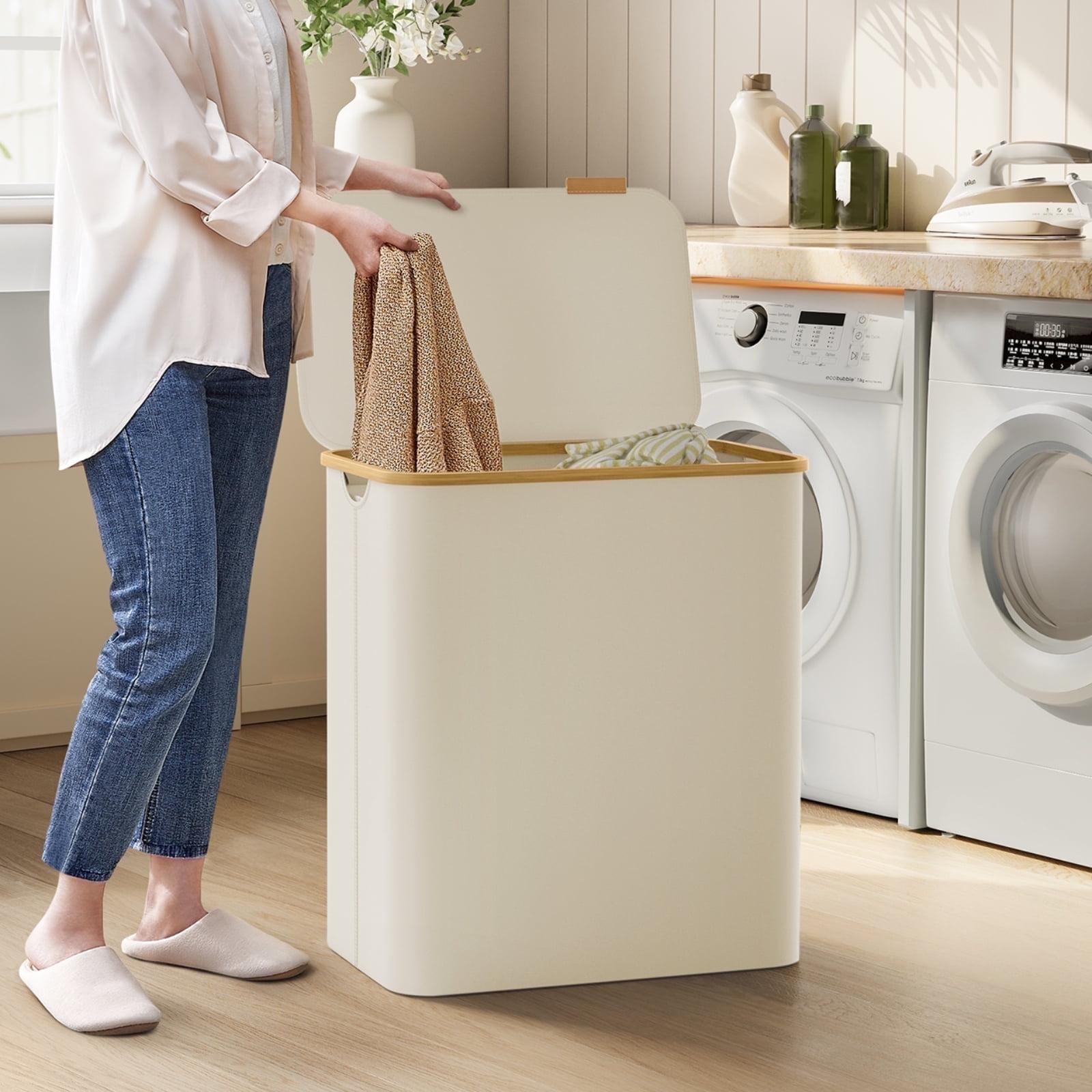 SONGMICS Laundry Hamper with Lid 3-Section Large Laundry Basket Removable Mesh Liner Bamboo Handles Collapsible