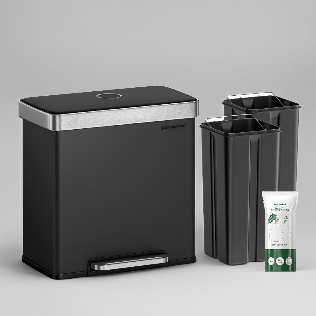 SONGMICS Kitchen Trash Can, 16 Gallon (2 x 8 Gallon) Dual Compartment Garbage Can, 60L Pedal Recycling Bin, 15 Trash Bags Included, Black
