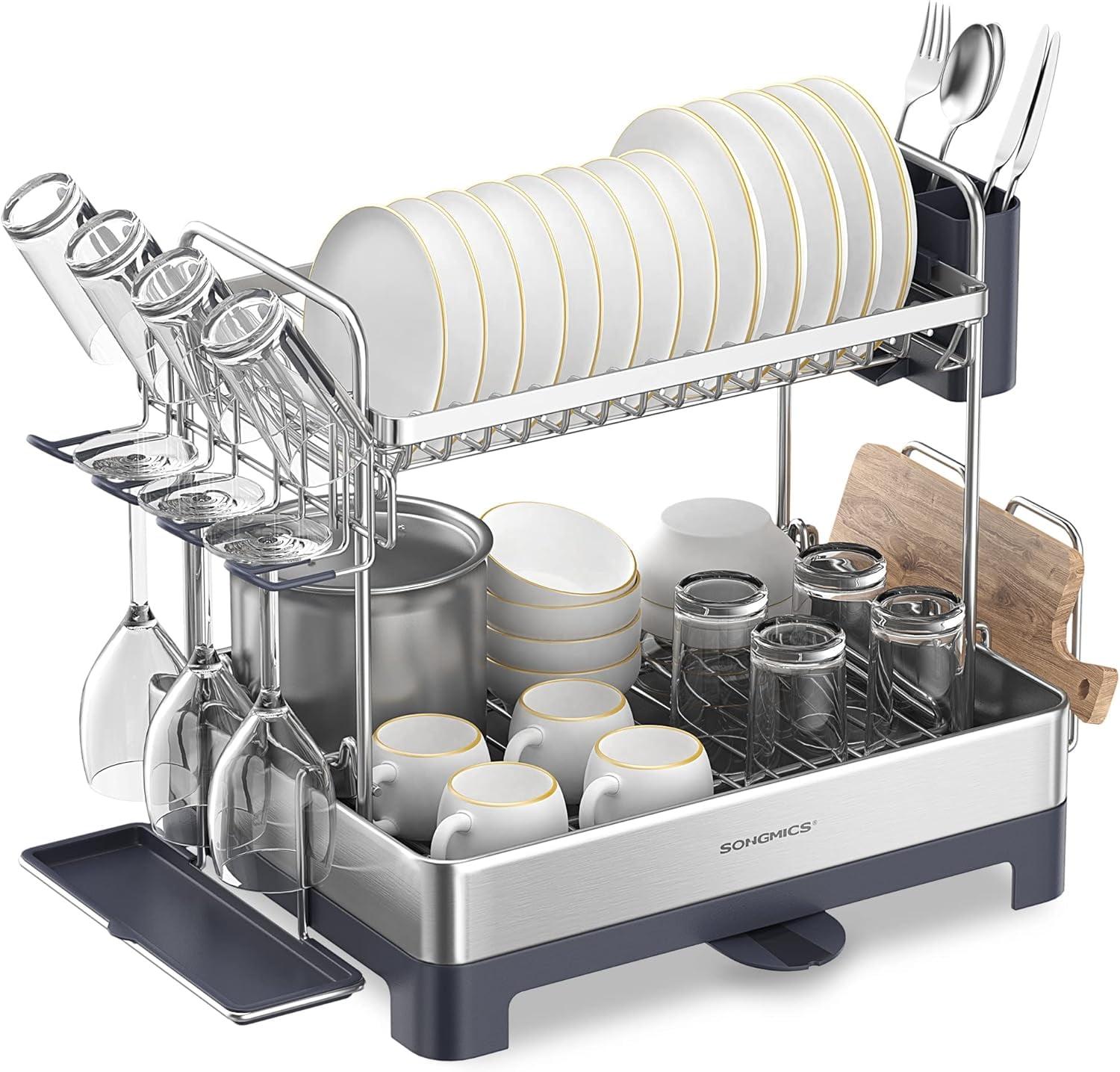 SONGMICS 2 Tier Dish Drying Rack, Stainless Steel Dish Drainer for Kitchen Counter