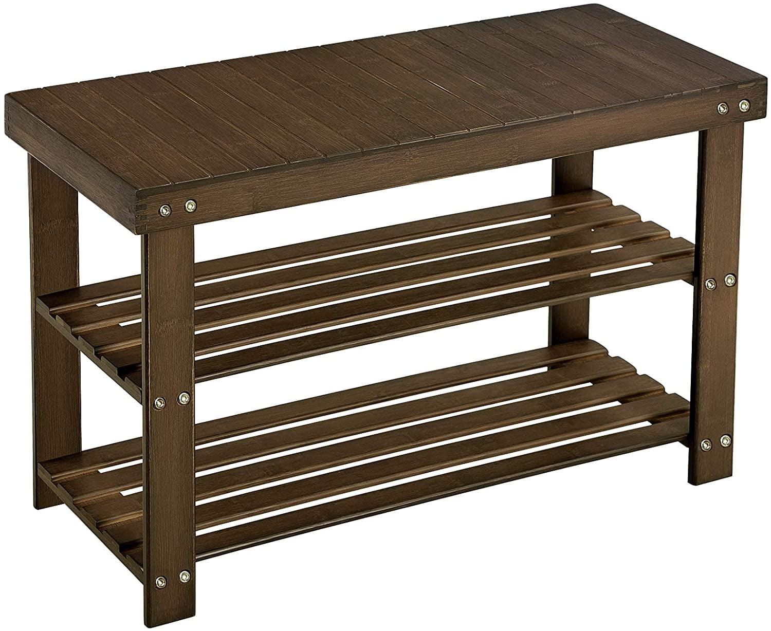 Walnut Bamboo 3-Tier Shoe Rack Bench with Storage