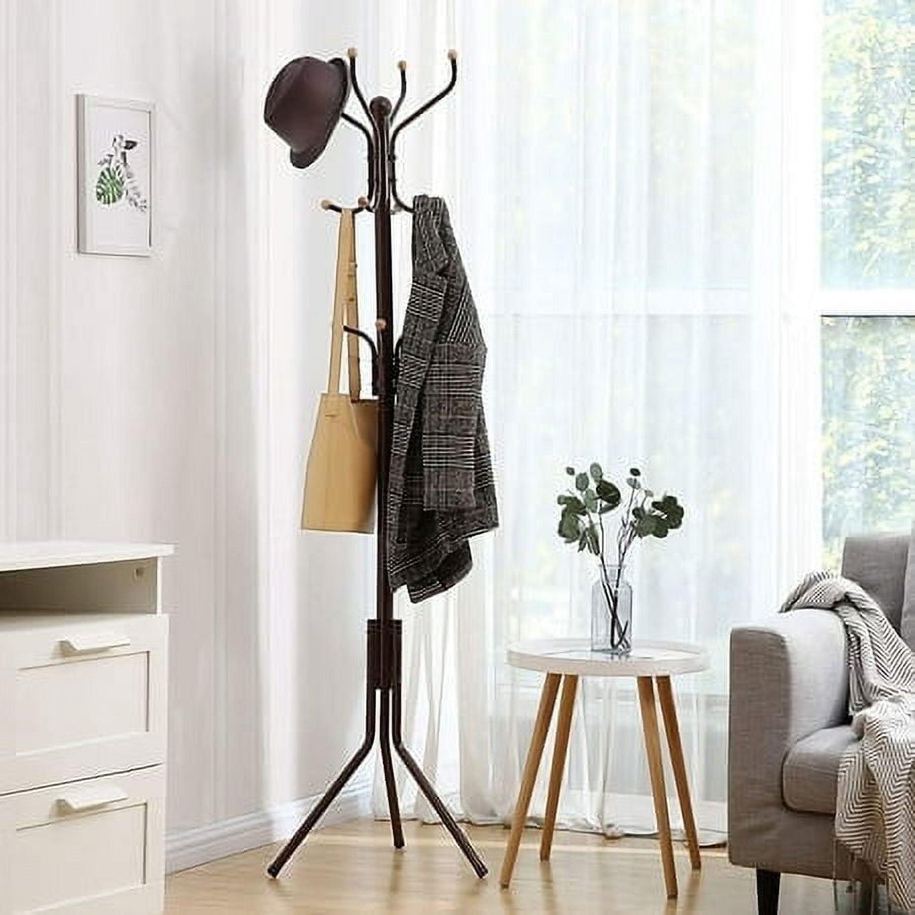 Brown Metal Freestanding Coat Rack with 12 Hooks