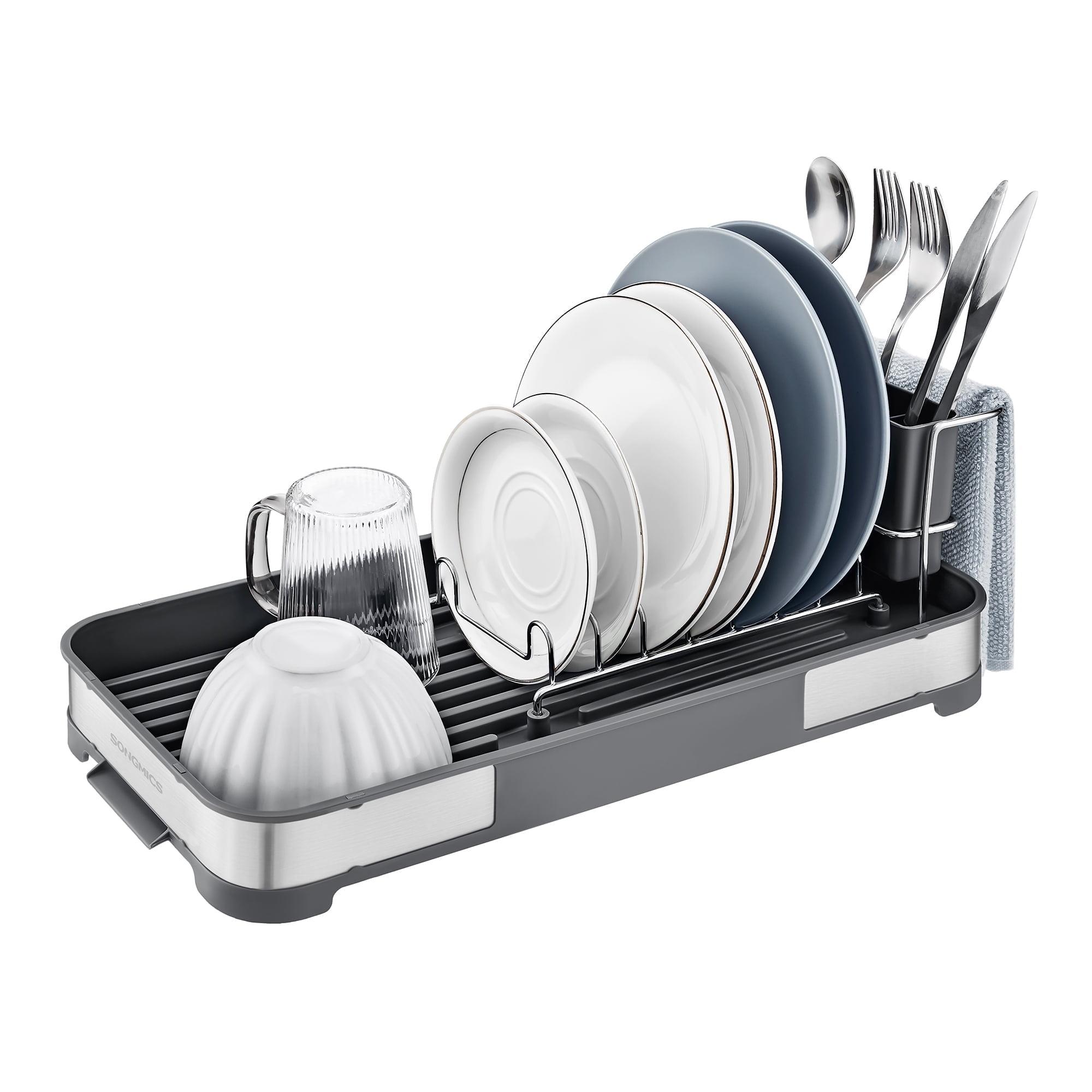 Compact Silver and Black Foldable Metal Dish Drying Rack with Utensil Cup