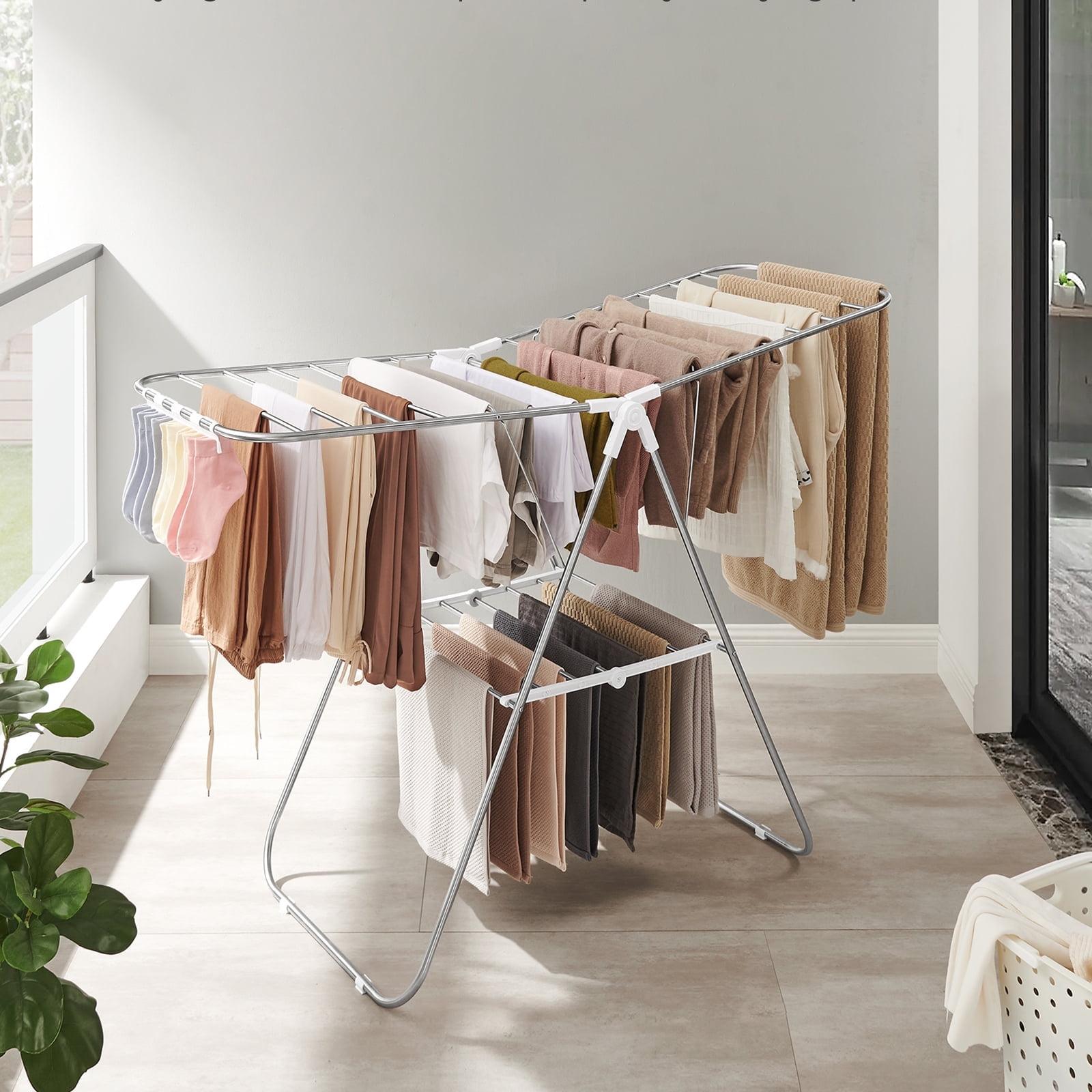 Silver and White Foldable Clothes Drying Rack with Sock Clips